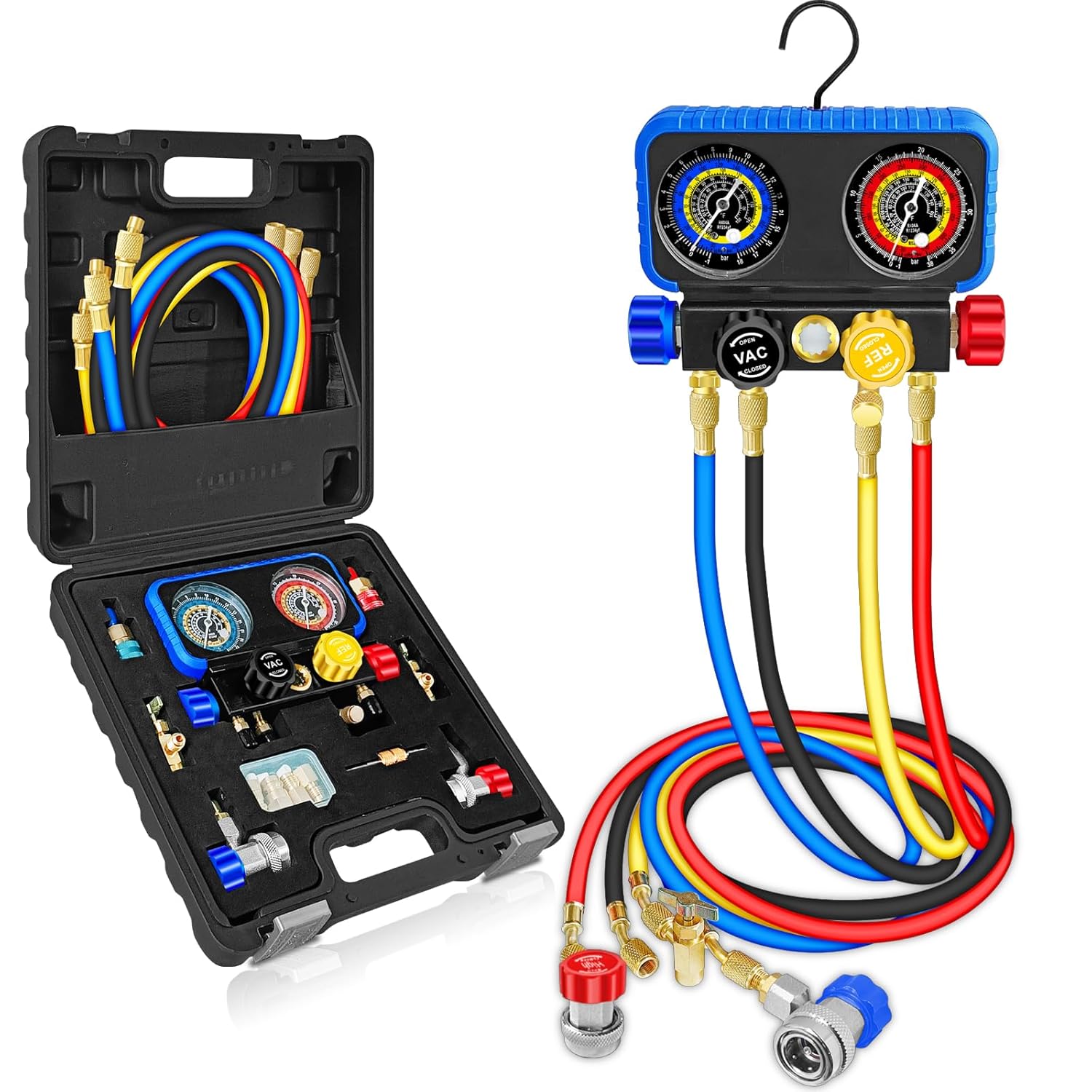 AC Manifold Gauge Set R134A R1234YF, Automotive 4 Way Car AC Gauge Set for R1234yf R134a R404a, Auto R1234yf R134a Refrigerant Air Conditioner Recharge Kit, HVAC Gauges with Hoses