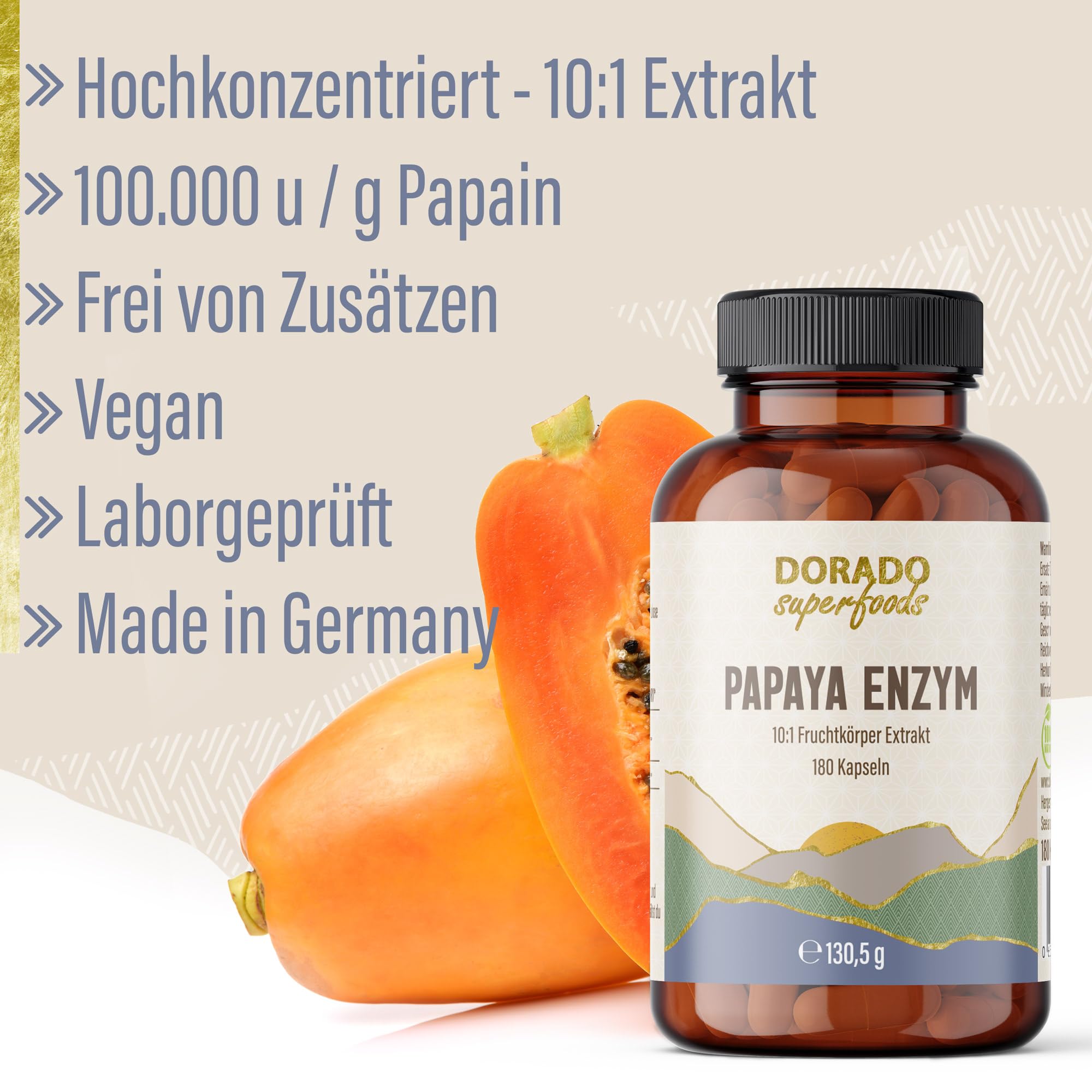 Papain Enzym Kapseln 100.000 u/g aus 10:1 Papaya Extrakt | 180 Stück – 1250 mg pro Tagesdosis (aus 12.500 mg Papaya !) | 3 Monatsvorrat Vegan – Dorado Superfoods®