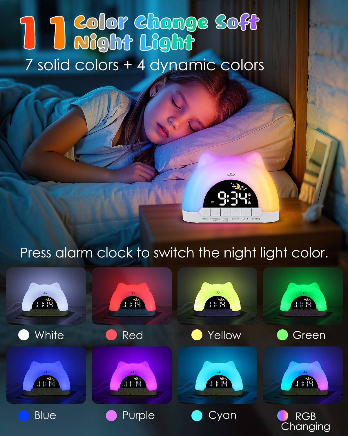Reloj despertador para niños, reloj OK to Wake para niños, reloj de gato con luz nocturna de 11 colores, 10 sonidos relajantes, bloqueo infantil, alarmas duales, entrenamiento del sueño