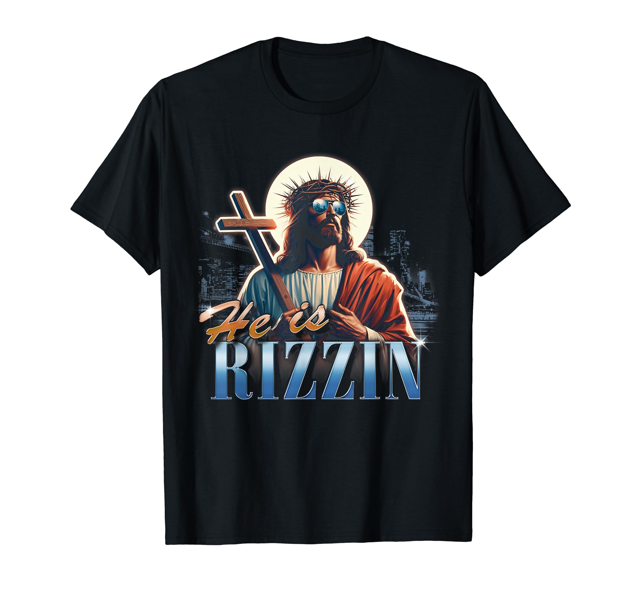 He Is Rizzin Funny 90s Bootleg Rap Vintage StyleHe Is Rizzin Funny Easter Jesus Meme Vintage Bootleg Rap 90s T-ShirtOEKO-TEX STANDARD 100