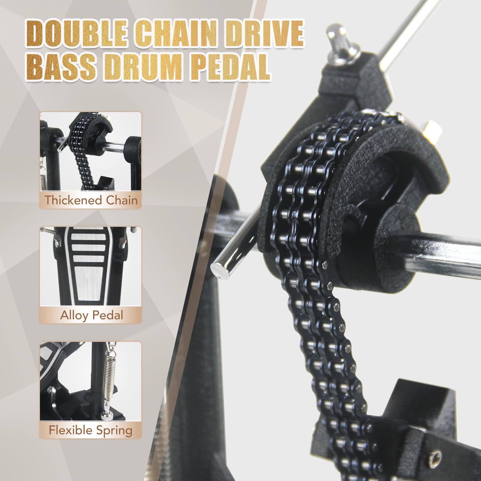 Pedal de bombo de un solo patada, pedal de doble cadena de alta resistencia, hardware de percusión para juego intenso, sistema de leva de potencia totalmente ajustable y juego de tambor