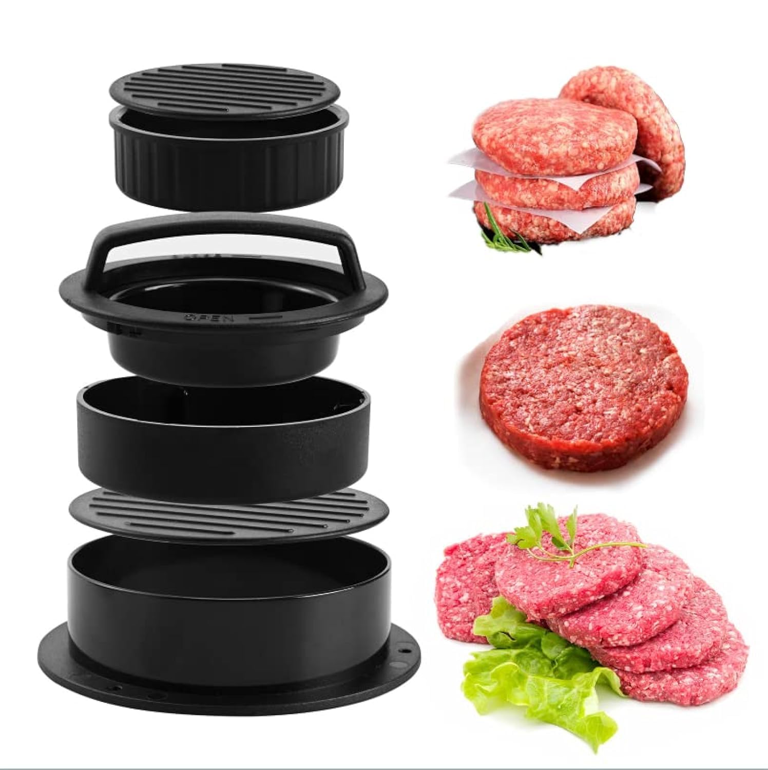 Amoilly Burger Press Patty Maker, 3 in 1 Burger Press Mold with 100 Wax Papers Set, Non-Stick Hamburger Meat Mold Ring for Beef Grill, Veggie Burger, BBQ Barbecue, Microwave(3set)