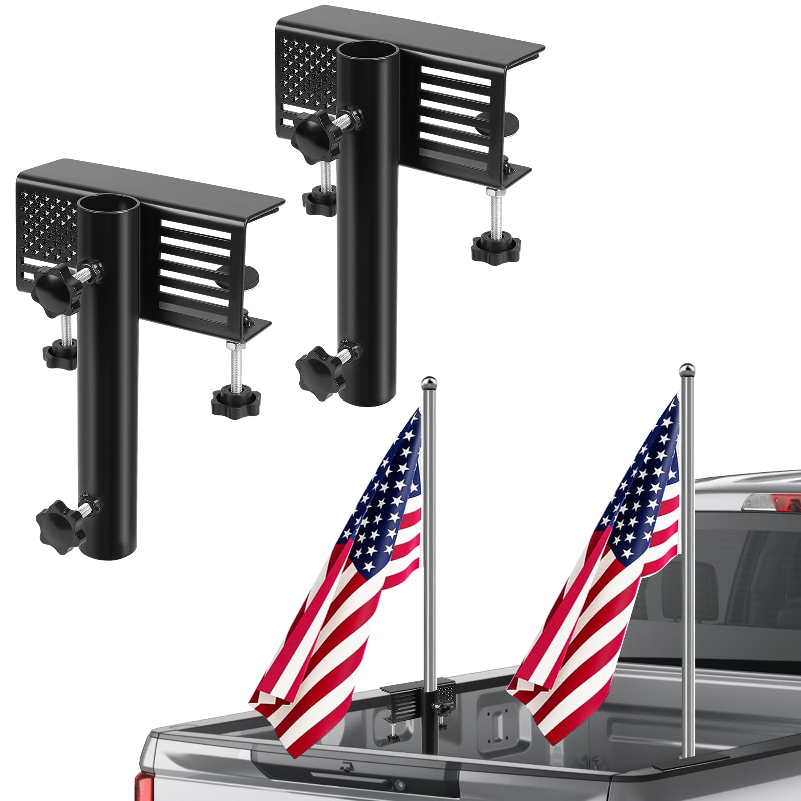 MALOROY Flagpole Holder for Truck Bed, No Drilling Pickup Truck Flagpole Mount in Bed,Trailer Bed Flag Holder, Fit Up to 1.4 Inch Flag Pole (Black, Pack of 2)