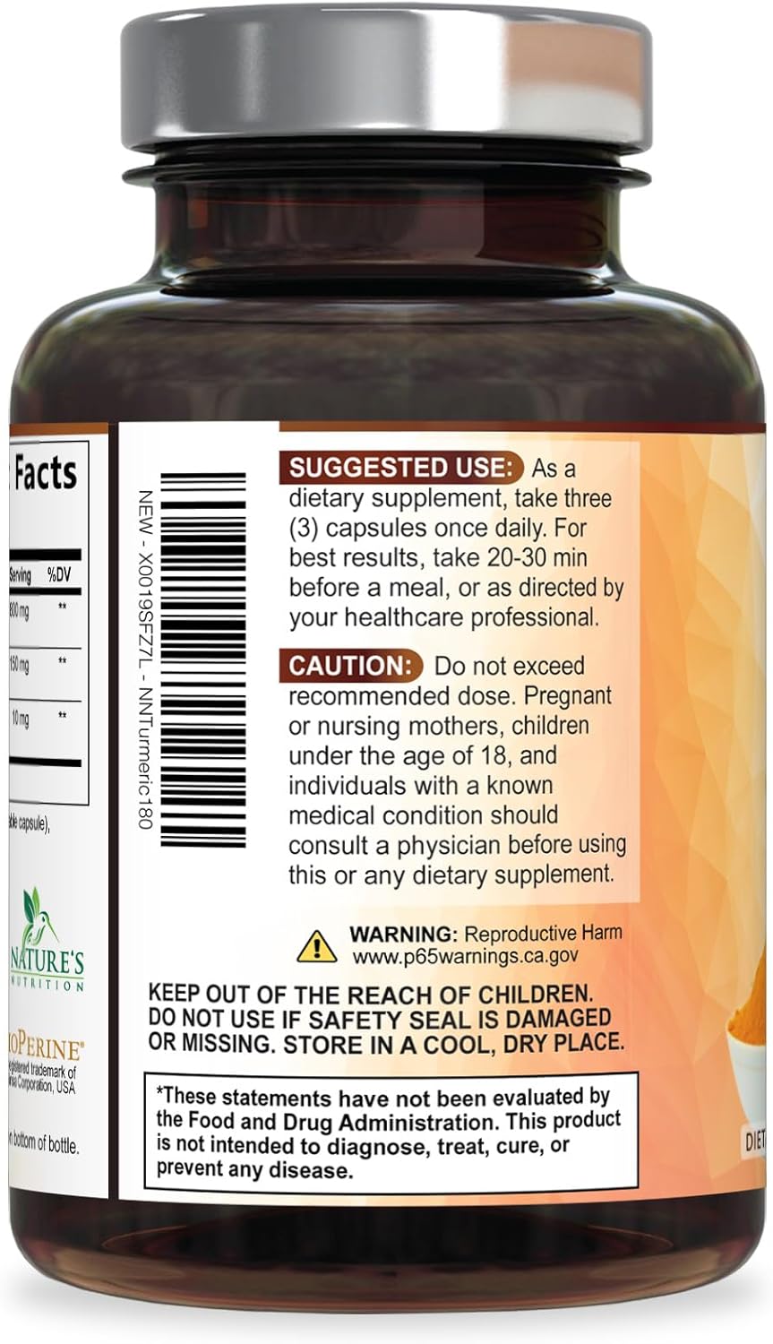 Turmeric Curcumin Supplement - 95% Curcuminoids with Organic Turmeric & BioPerine Black Pepper for Best Absorption - Daily Joint & Immune Health Support, Vegan, Non-GMO, Bottled in USA - 180 Capsules