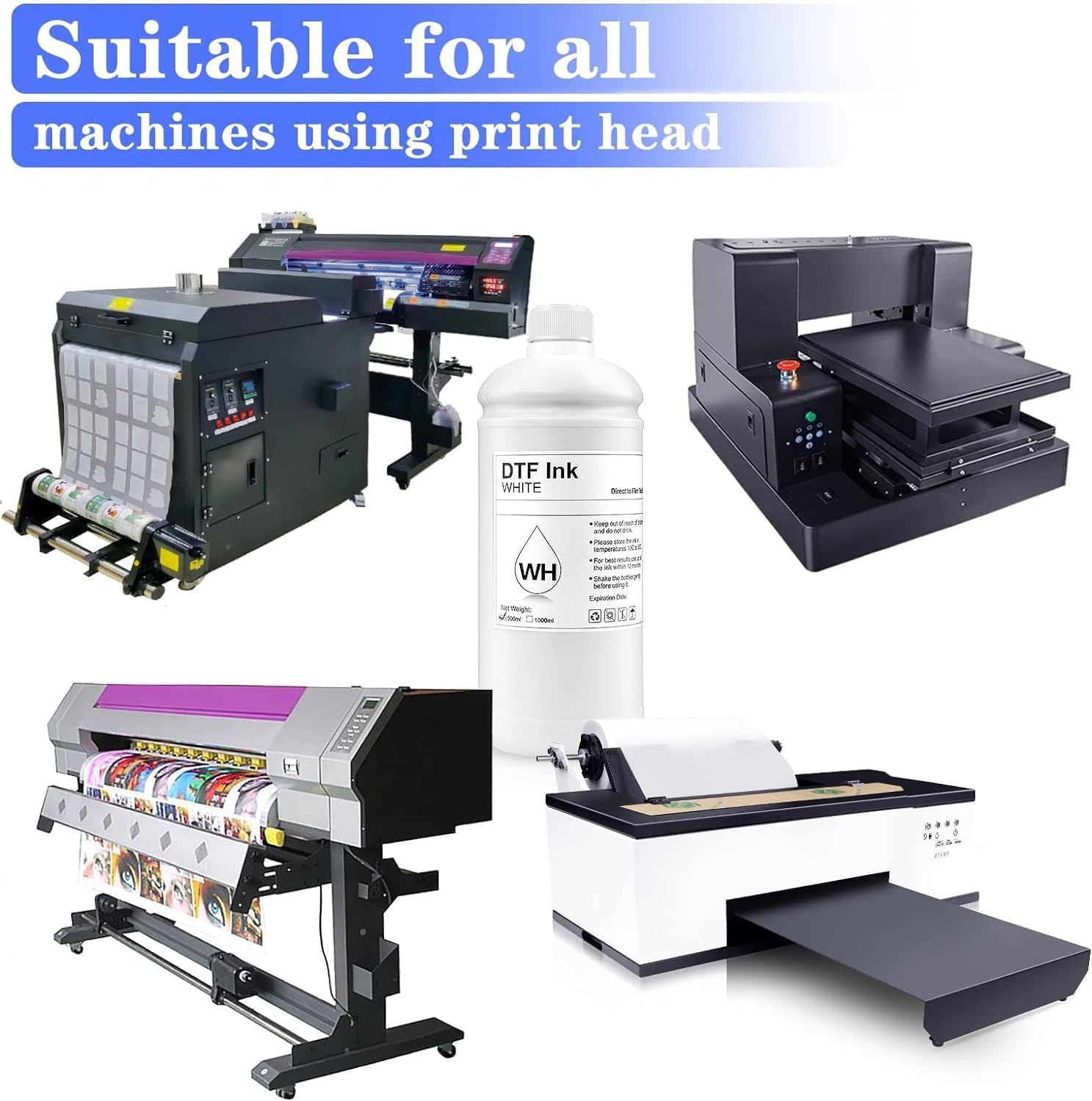 Recharge d'encre DTF blanche de qualité supérieure pour têtes d'impression EP- L1800 R1390 ET-8550 XP-15000 XP600 I3200 et autres imprimantes à transfert thermique sur film PET 500 ml