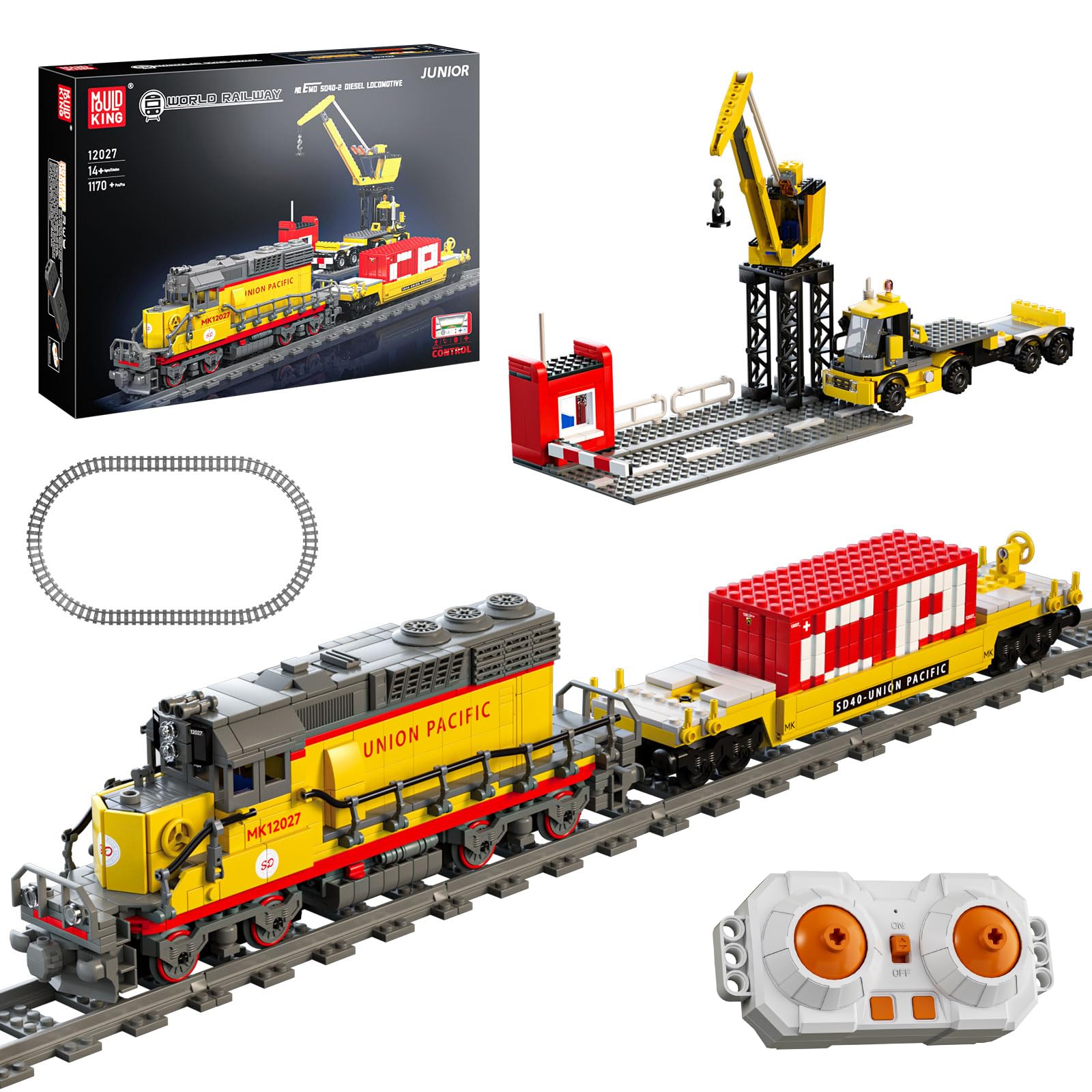 Remote Control Train Building Set, 1170pcs Diesel Locomotive Train Toy with Loop Track, Crane, Containers Semi Trailer for Assembly, Construction Model Kit for Teens and Adults (Age 14+)