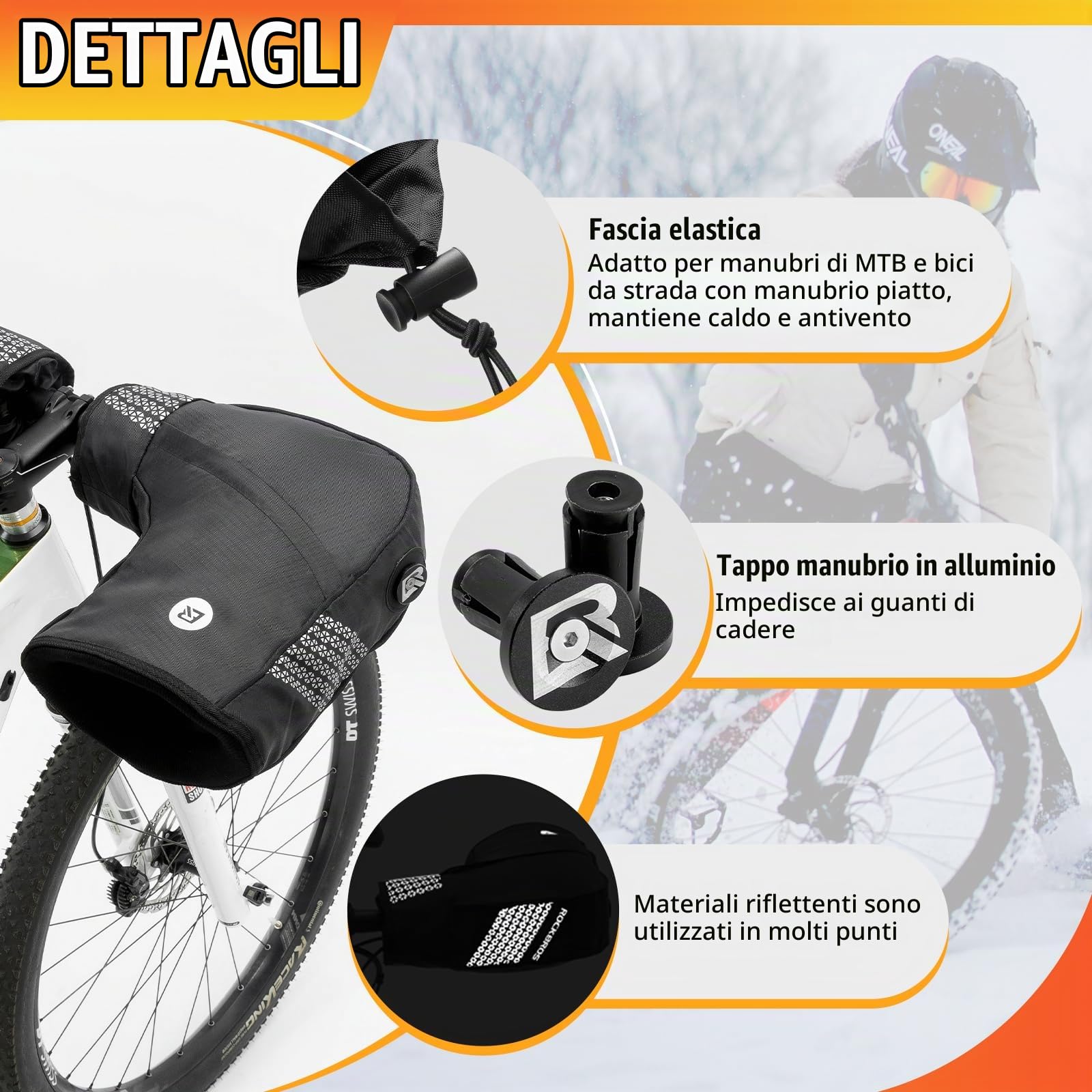 ROCKBROS Guanti Manubrio Bici, Guanti Termici Invernali, Guanti Antivento Caldo, Guanti Manubrio Riflettente, Adatto per Bici Moto Ebike Scooter