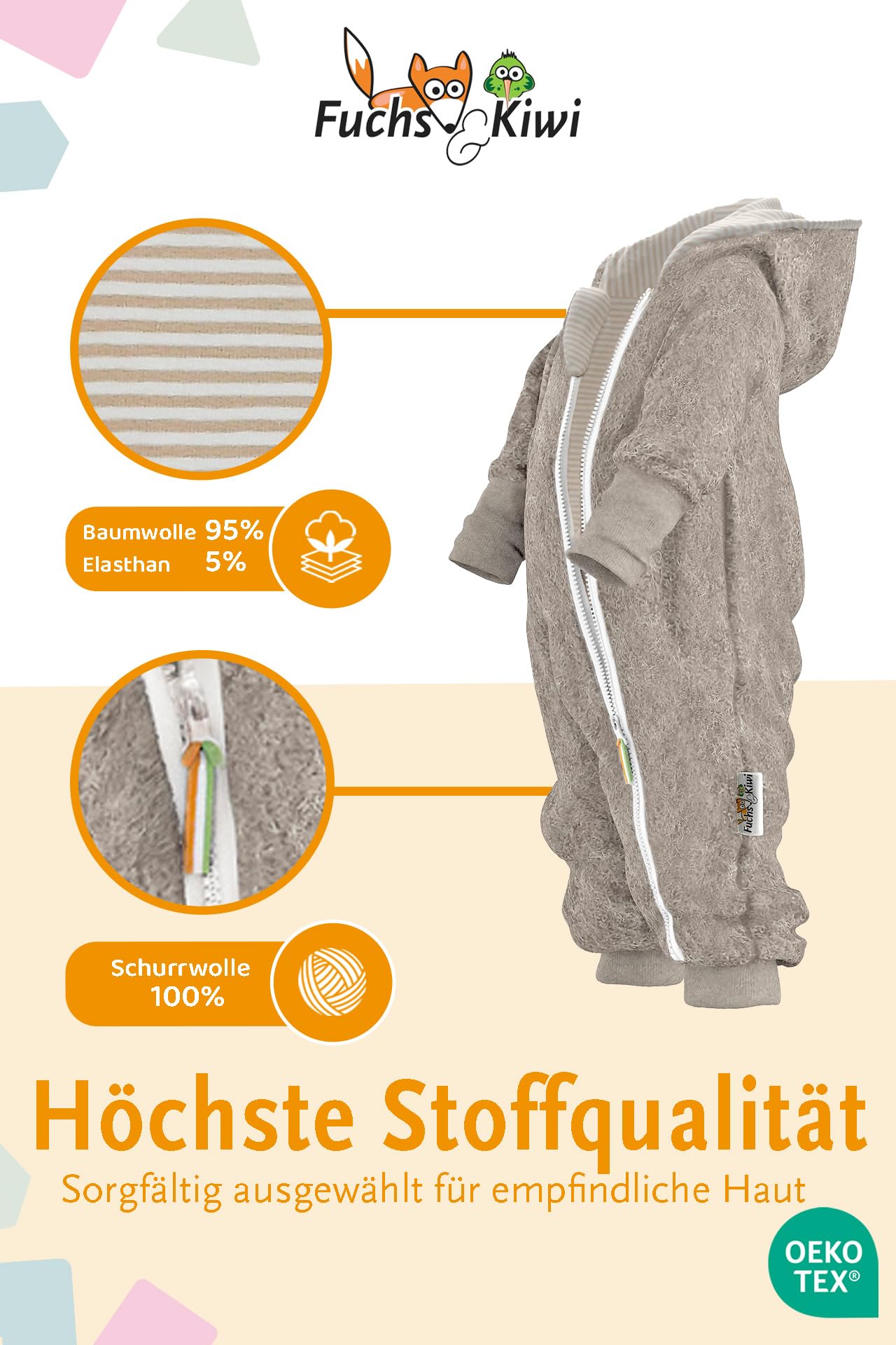 Fuchs & Kiwi Walkoverall Baby – Natur Schurwolle & Jersey Futter – Öko-Tex, Hautfreundlich – Handmade in Berlin – Wollwalk Overall Baby & Kleinkind Unisex – Winter & Herbst