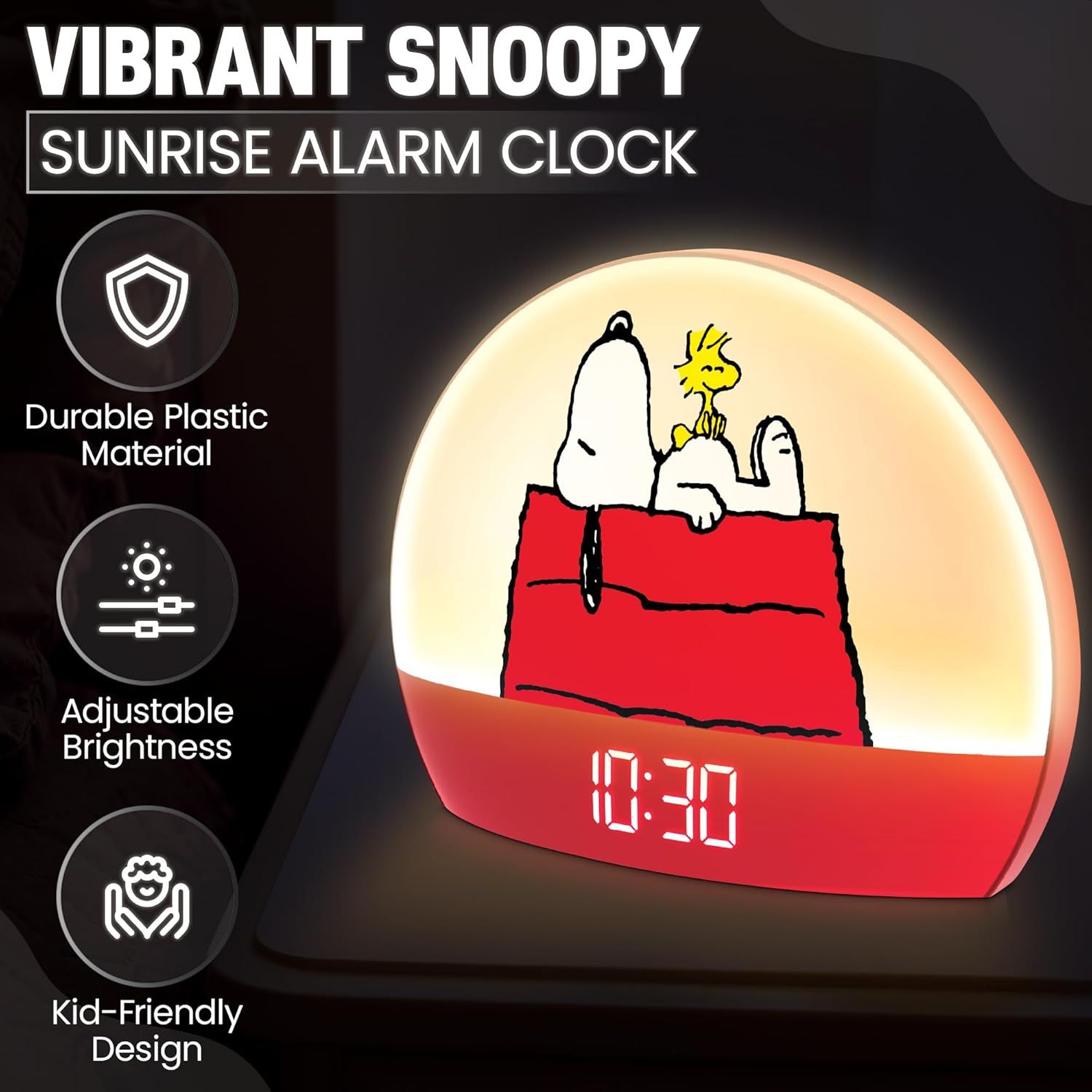 Peanuts Snoopy Sunrise Alarm Clock – Vibrant Snoopy Edition with Multicolor Lights, USB Charging, LED Display, Gentle Wake-Up Simulation, and Handy Snooze Function, Red