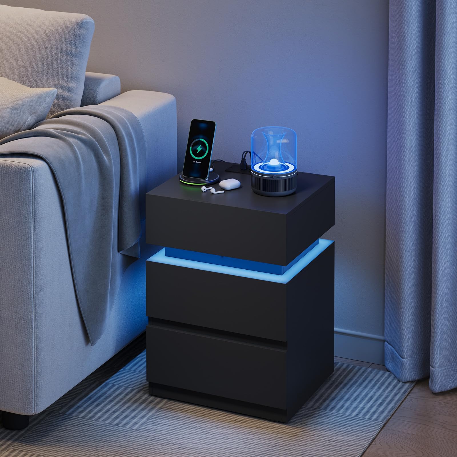 WOLTU Stolik nocny z funkcją ładowania, z 25 kolorowymi lampkami LED, 2 szuflady, 1 komora, druciana półka, stolik nocny w kolorze czarnym, 40x55x35 cm,NTS23sz