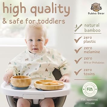 Bubba Bear Baby Bamboo Weaning Set | Toddler & Babies Plates & Bowls with Suction | Childs Led Feeding Plate, Bowl and Spoon Set | Wooden Dinner Essentials Sets for Kids | Eco Friendly & BPA Free