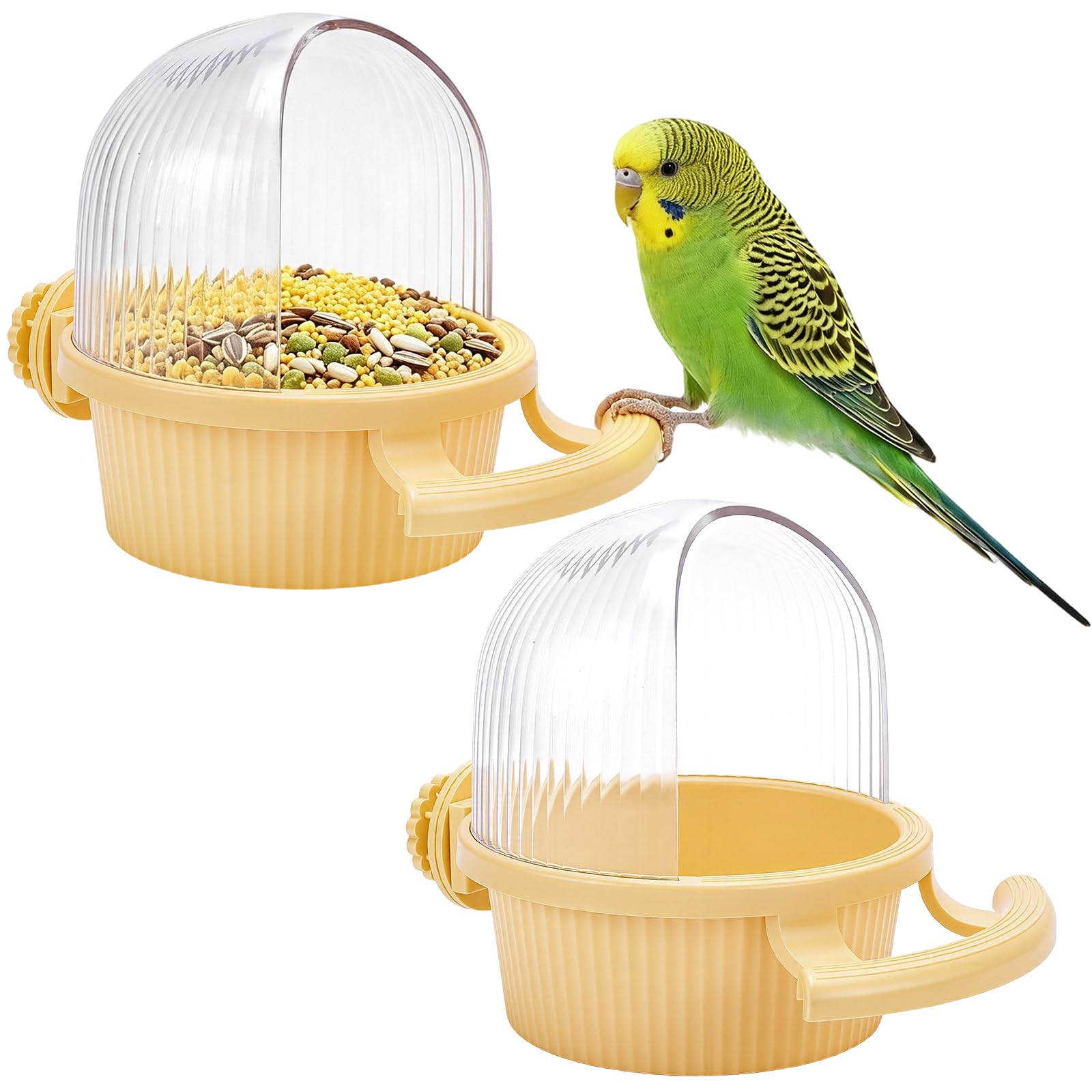 2 set di mangiatoie per uccelli con dispenser d'acqua in plastica gialla, mangiatoia per uccelli senza fuoriuscite, pesce persico, pappagallo, ciotola per acqua per parrocchetti, calopsitte