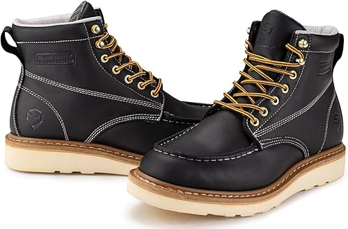 Miniatura 4 de SUREWAY Botas de trabajo de cuña de 6 pulgadas para hombre, puntera suave, cuero de grano completo de primera calidad, botas de trabajo ligeras,