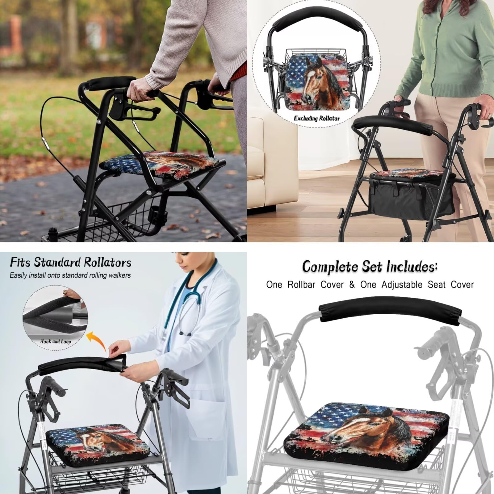 Vanideaoty Horse Rollator Walker Accessories Soft Fits Most Standard Sized USA Flag Wheelchair Baskets Rollators Seat and Backrest Set of 2 Comfortable