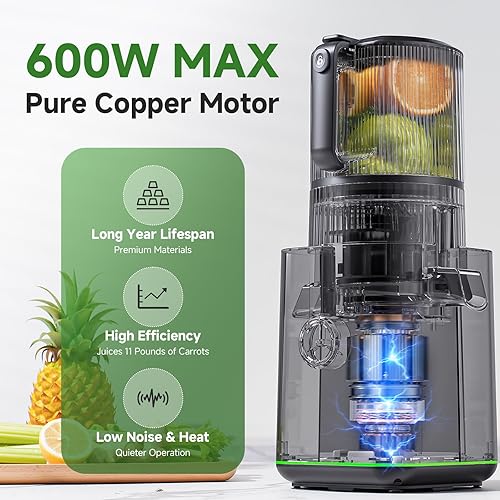 Miniatura 5 de Exprimidor de prensa en frío de 600 W máximo, 3 en 1 (jugo y sorbete y leche de nueces) con canal de 6.5 pulgadas de ancho y gran capacidad de 85