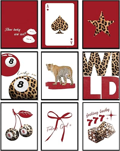 Miniatura 1 de 9 impresiones artísticas de pared de leopardo rojo de moda Funky Lucky 8 Ball Posters Preppy Cheetah Estética Decoración de Pared Cuadros Femenino