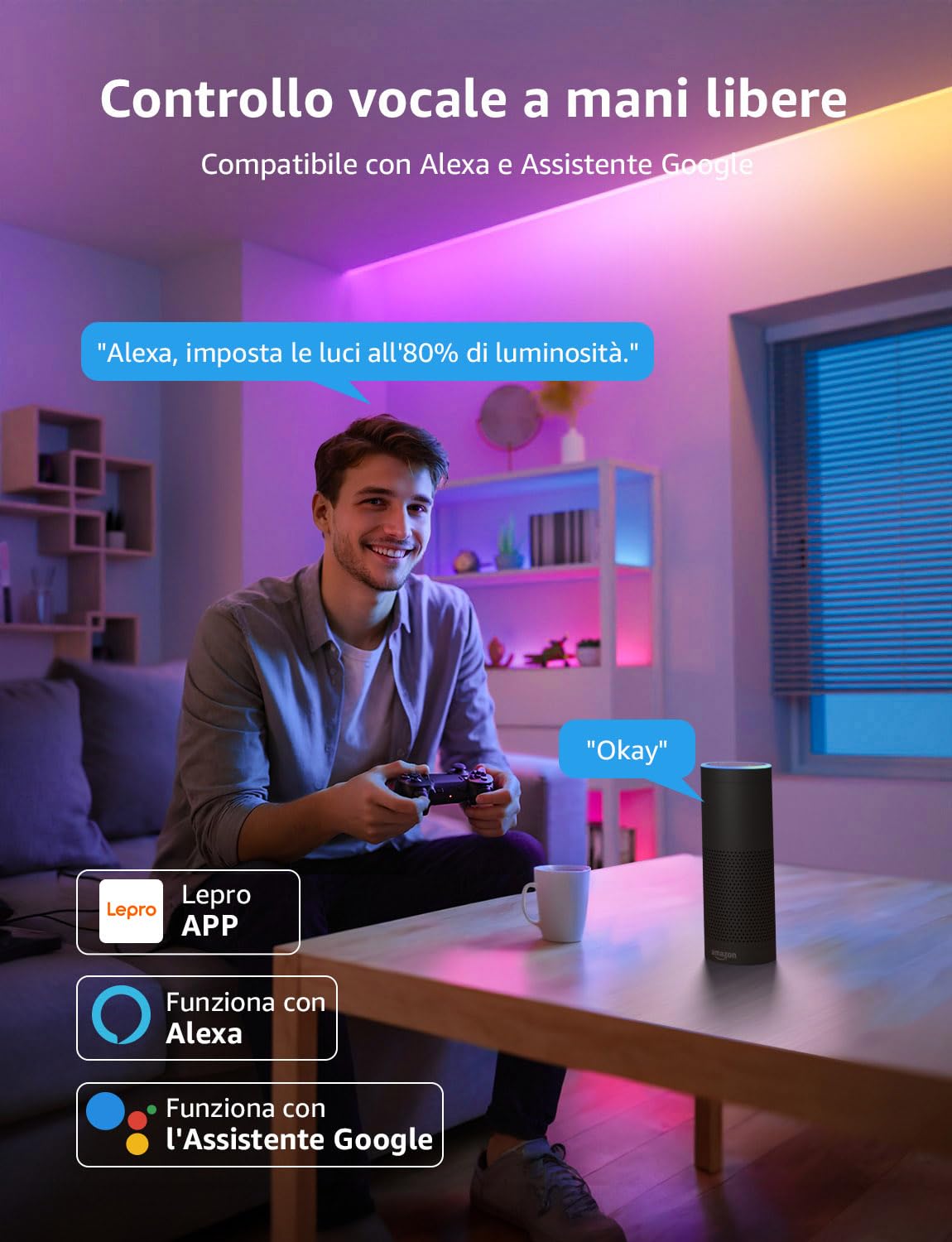 Lepro S1 AI Smart Striscia LED 20M,Strisce LED Camera da Letto,Funziona con Alexa/Google Assistant,Controllo Vocale,Sync Musicale per Festa in Soggiorno,Progettista Illuminazione AI Personalizzato