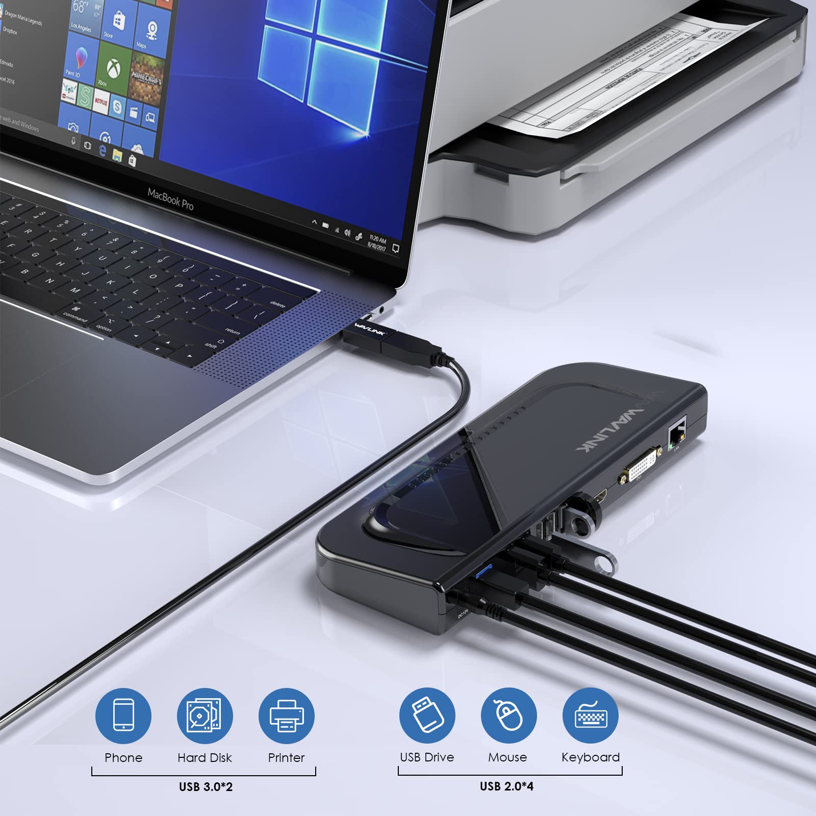 Wavlink 13-in-1 USB C Docking Station, Compatible with New MacBook Neo, Supporto Dual Display, con HDMI DVI VGA, Thunderbolt 3/4, Gigabit Ethernet, Audio, USB 3.0/2.0, per Windows e Mac OS