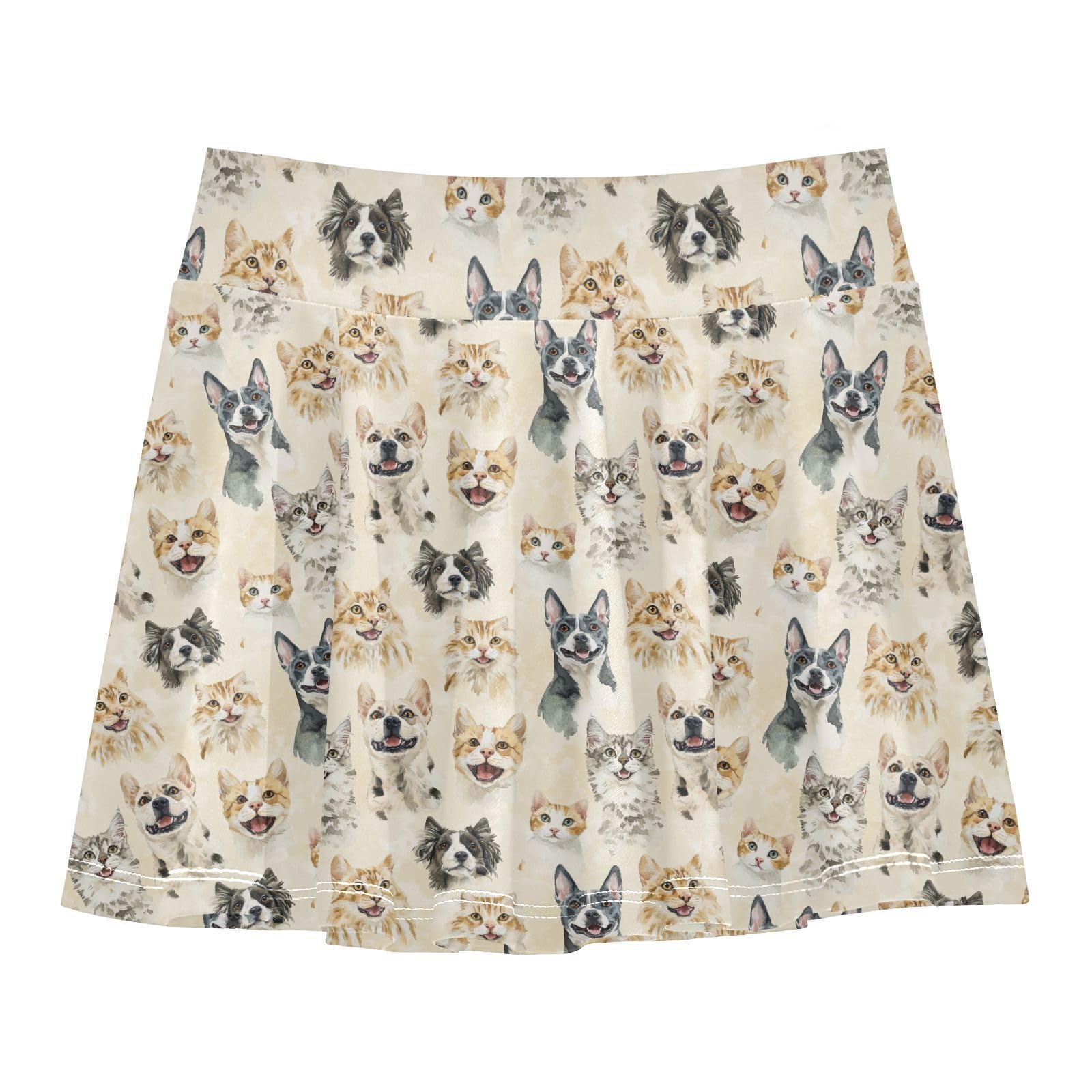 Cute Animals Beige Flowy Tennis Skirt for Girls with Built in Shorts Kids Cheer Skirt with Pockets Skorts for Little Girl