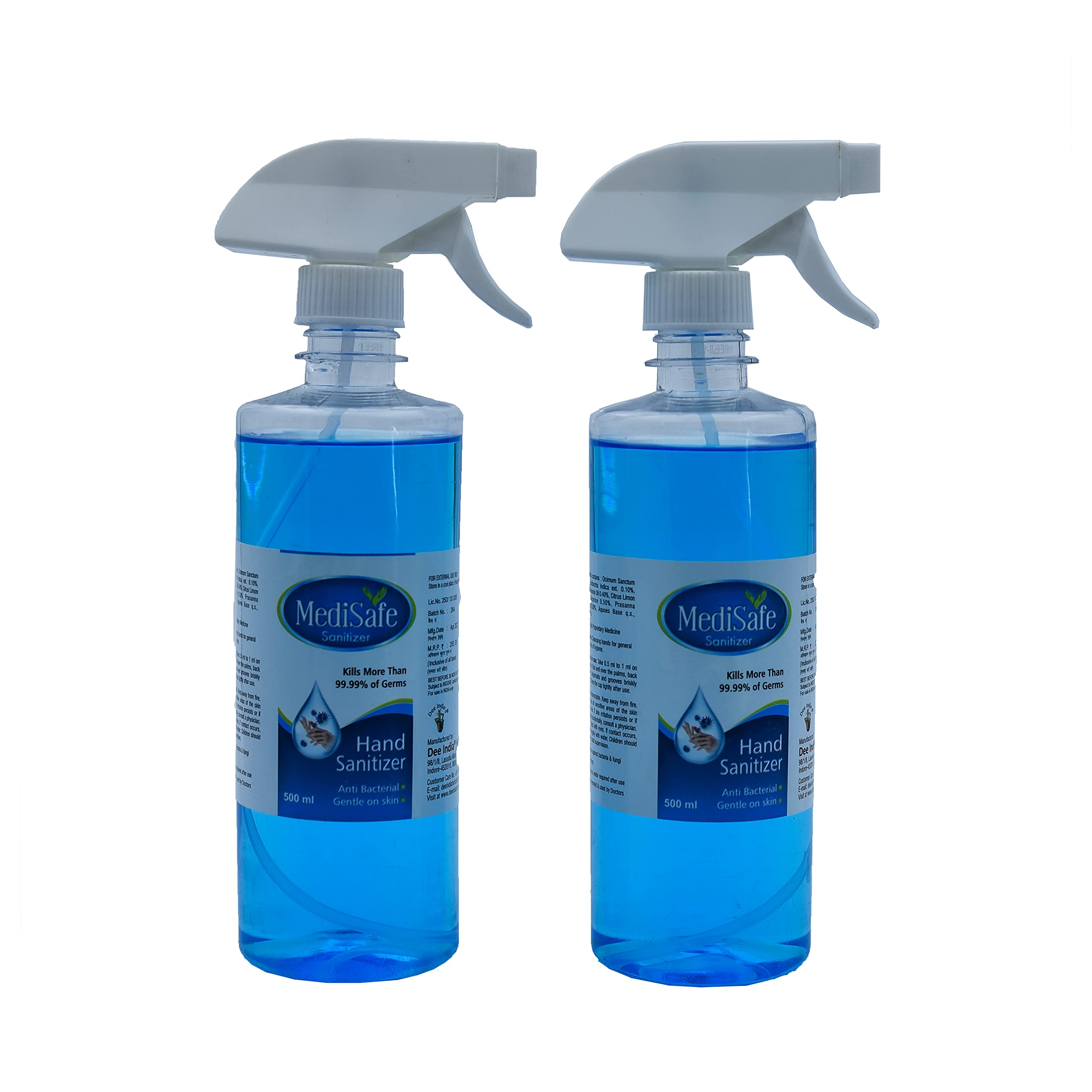DEE INDIA HERBALS Medisafe Liquid Alcohol-Based Kills 99.9% Anti Bacterial Hand Sanitizer (Trigger Spray, 500ml) (Pack of 2) (B09JM33SY3) Amazon Price History, Amazon Price Tracker