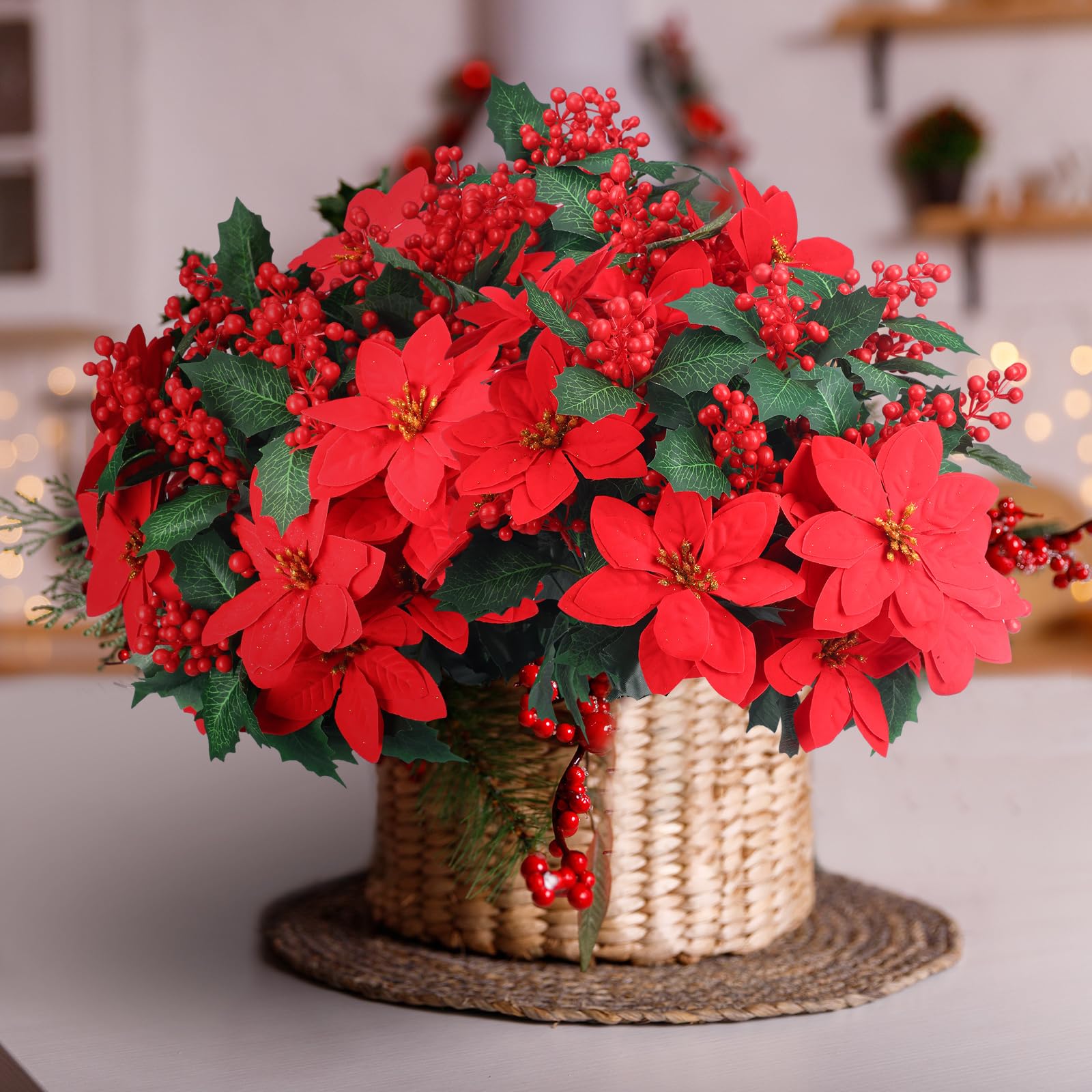 Ceenna 12 flores artificiales de Navidad, flores de pascua, arbustos, bayas de acebo, tallos de hojas de cedro, flores de Navidad, hojas de Navidad, decoración de fiestas en interiores y exteriores