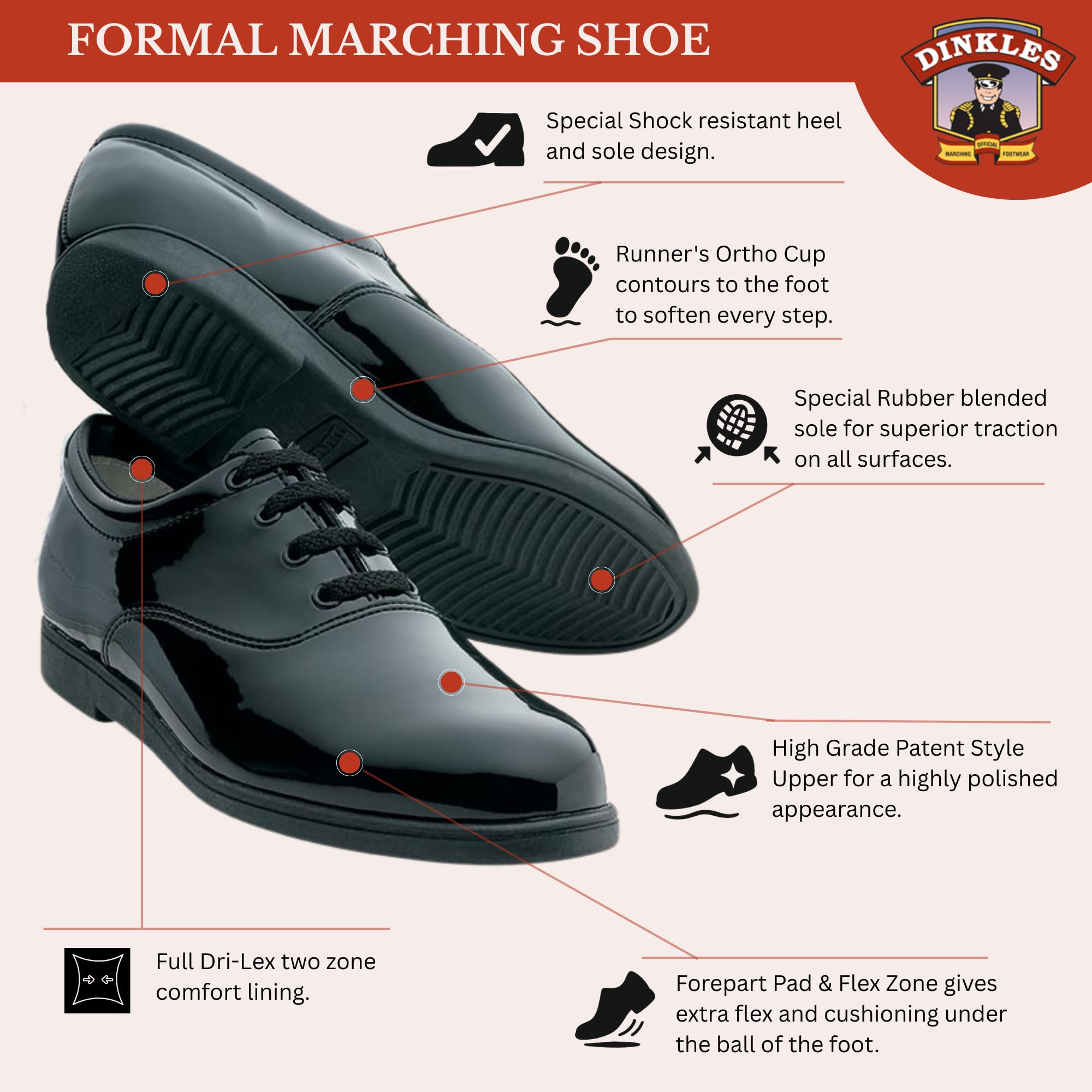 Dinkles Formal Men's Marching Band Shoes, Comfortable, Black Patent