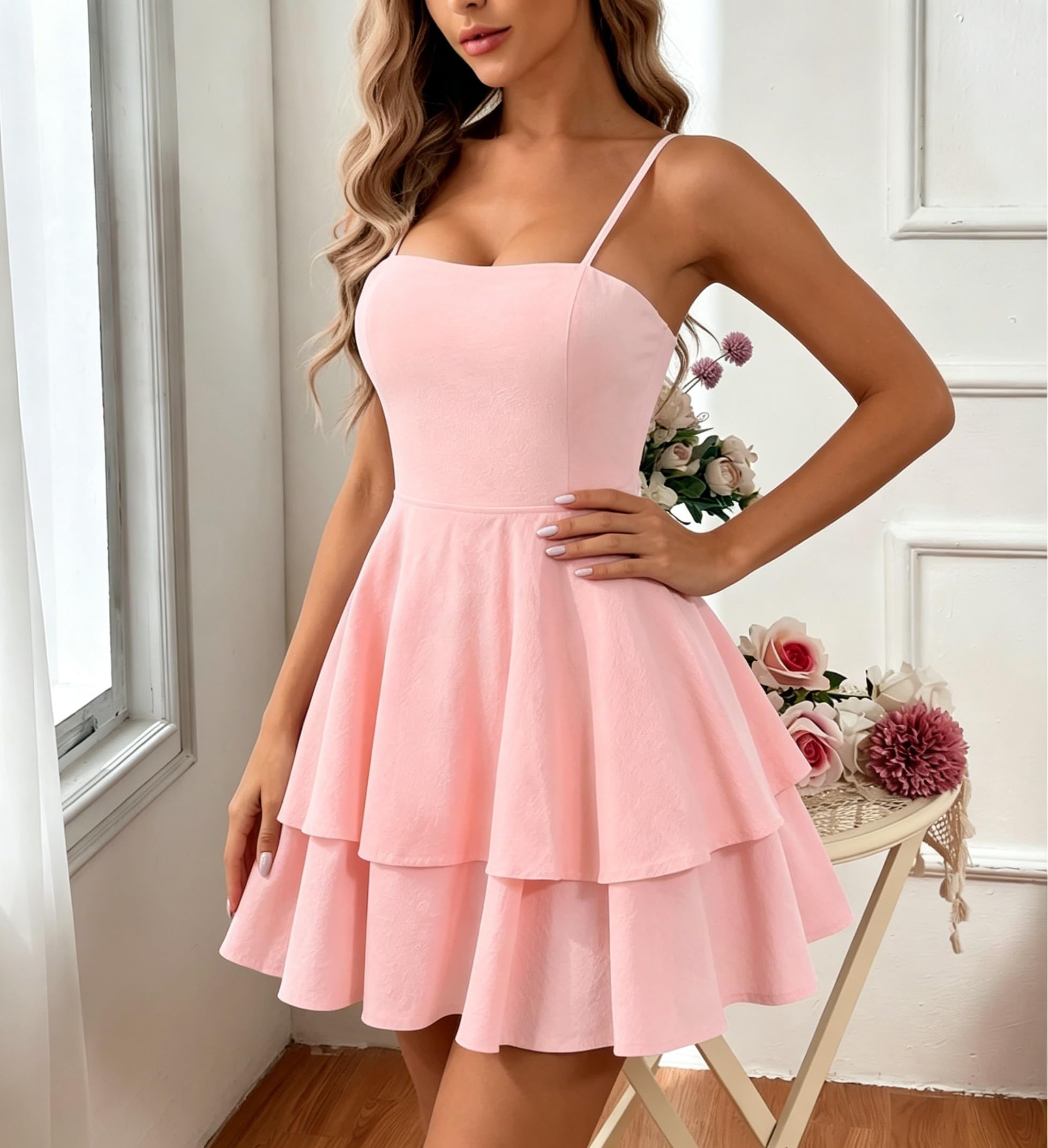 Generico Abito da Donna Senza Schienale con Fiocco Balze A Strati Spalline Sottili Regolabili Scollo Quadrato Vita Alta Mini Abito A Trapezio Abito Estivo Leggero per Cocktail Compleanno e Spiaggia