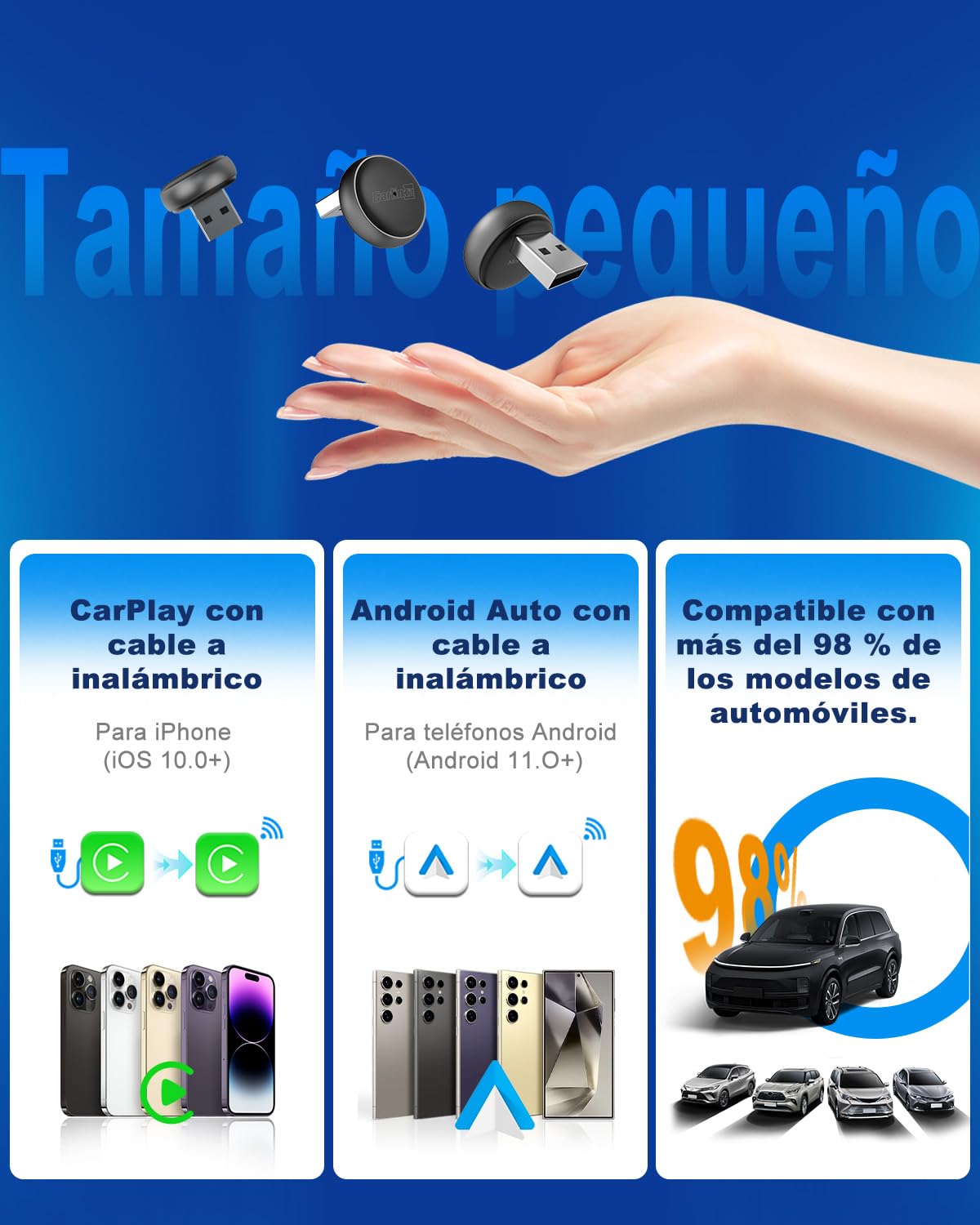 Carlinkit Adaptador inalámbrico CarPlay y Android Auto – Mini Ultra 3 Convert OEM con cable a dongle inalámbrico para iPhone y Android 11+, USB-A/Type-C Plug & Play, conexión rápida, actualización en