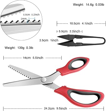 KUONIIY Pinking Shears Serrated, Comfort Grips Handled, Professional Dressmaking Sewing Craft, Zig Zag Cut Scissors, 9 Inch, Red Black