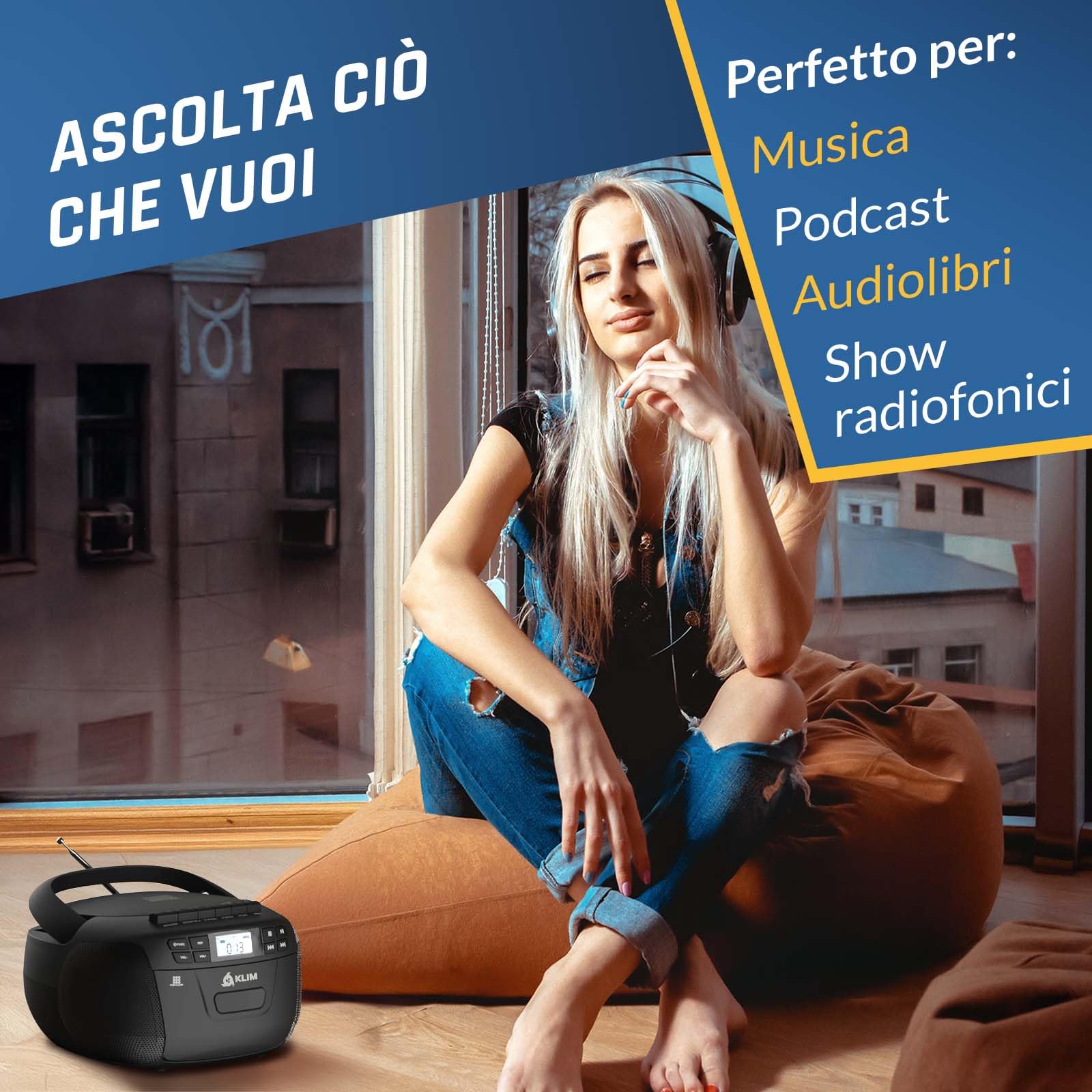 KLIM Lettore CD - Lettore Cassette Audio, AM/FM Radio Bluetooth, Stereo CD Player, Remota, Registrazione Su Nastro, USB Drive, AUX, Radio CD Stereo Casa Alimentazione AC/DC