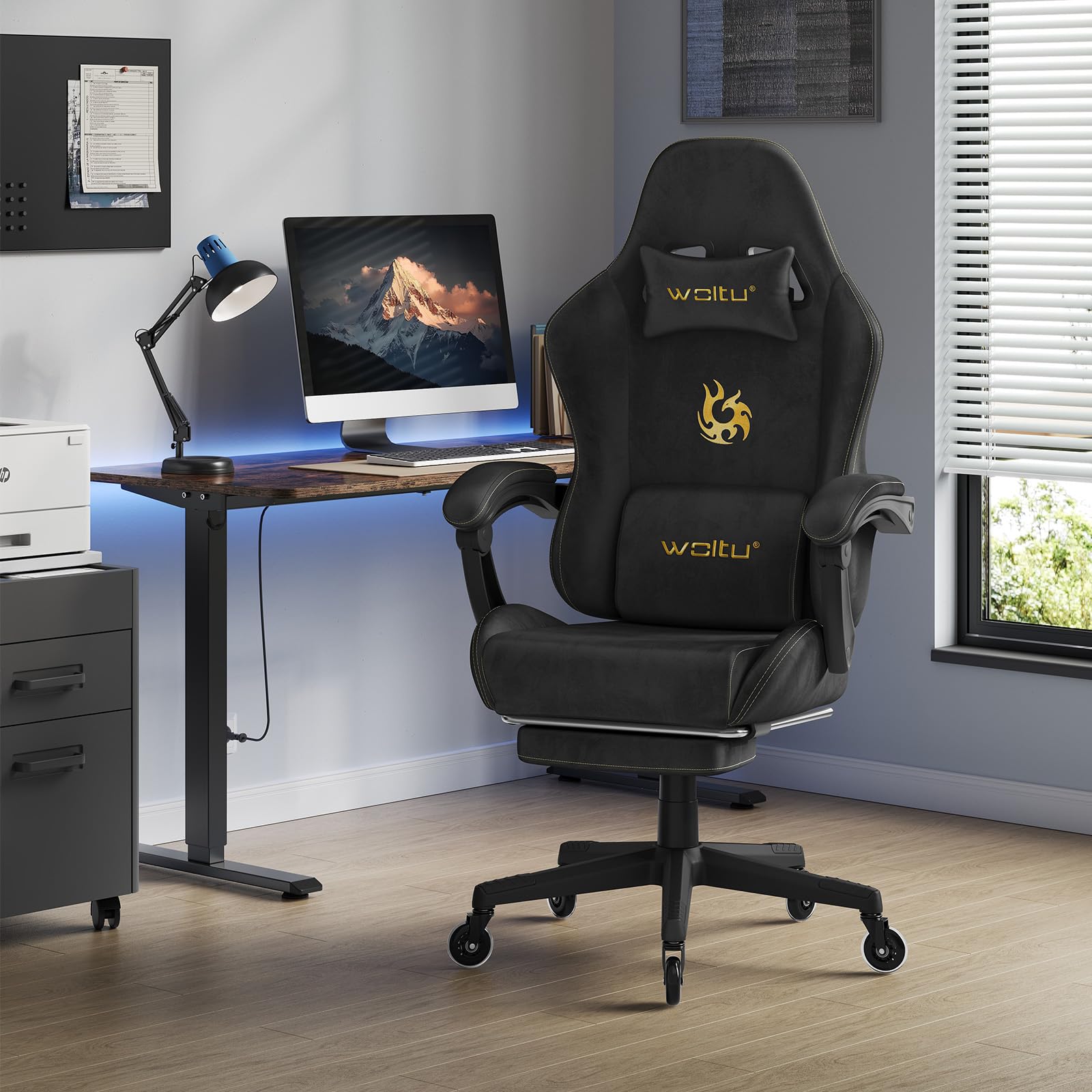 WOLTU Chaise Gaming, Fauteuil de Bureau, Ergonomique, avec Dossier Inclinable, Repose-Pieds Rétractable, Accoudoirs Reliés, Appui-tête et Soutien Lombaire, en Faux Daim,Noir