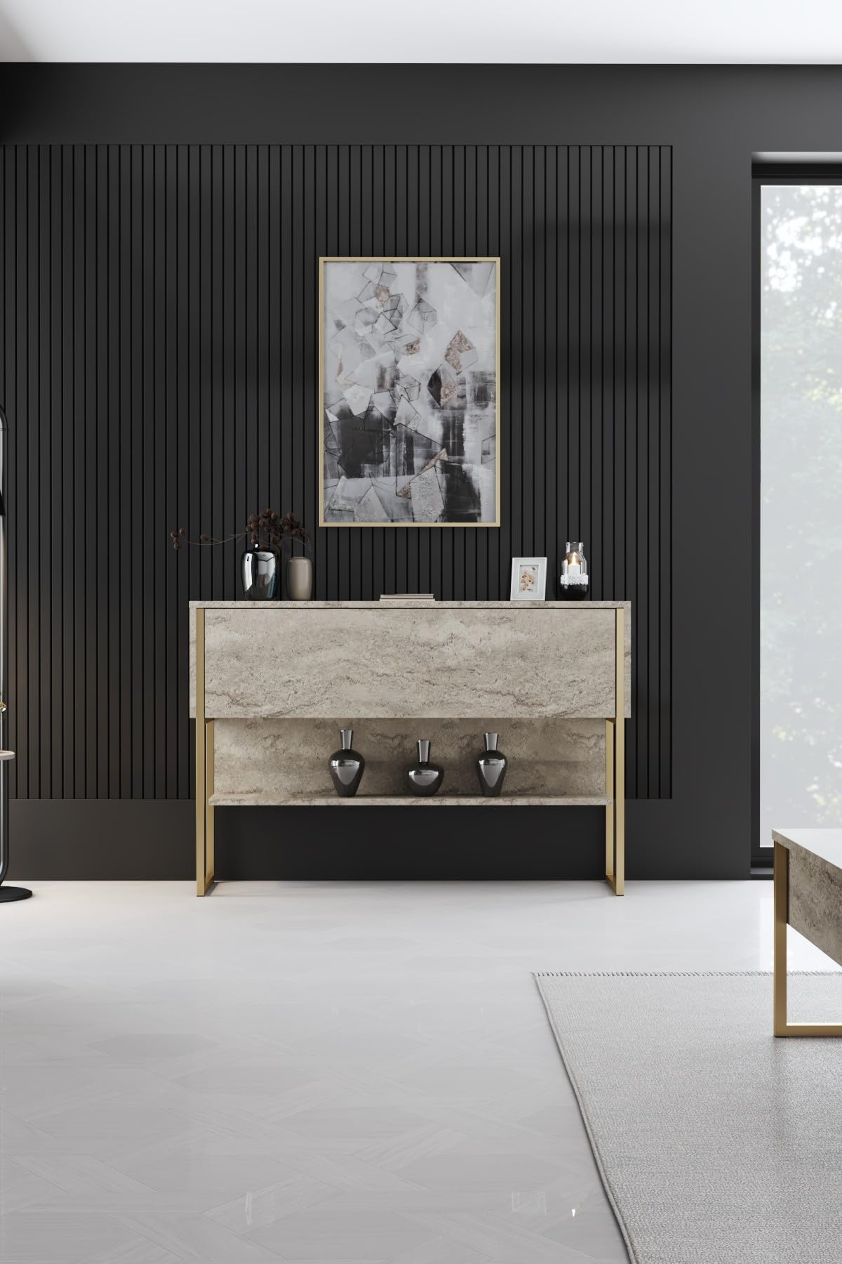 Holzkonsole "Luxe" - 120 x 30 x 80 cm - Travertin Gold