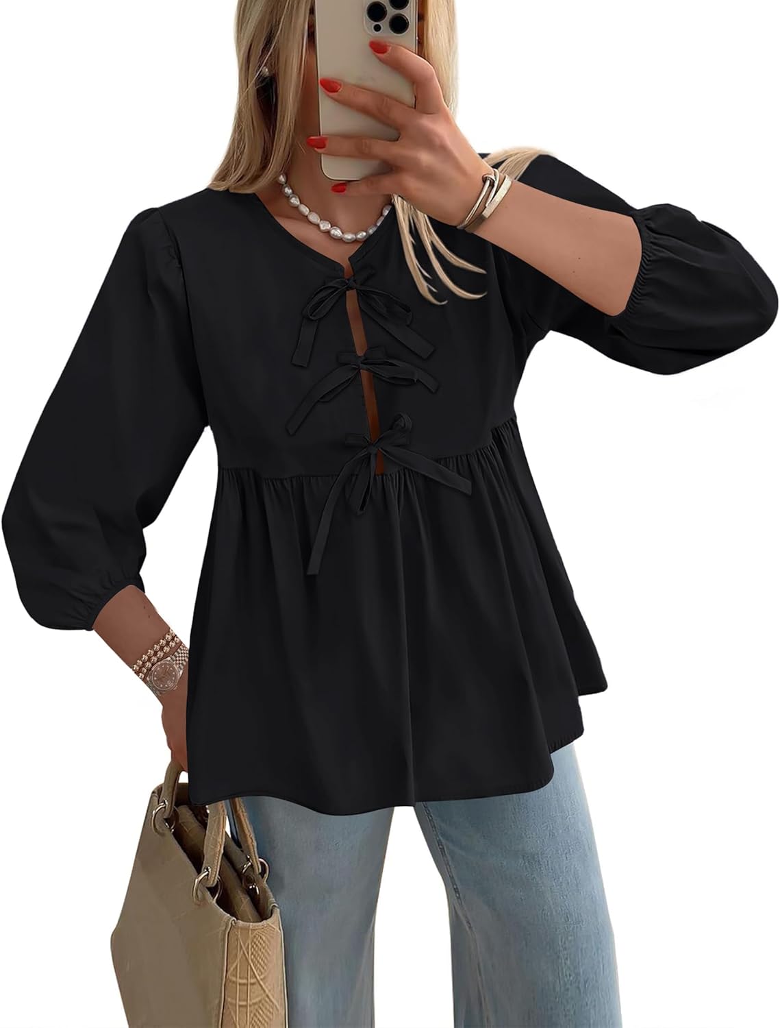 Yesfashion Womens Puff Sleeve Peplum Blouses Tie Front Elegant Tunic Tops Elastic Waist Business Casual Pleated Shirts