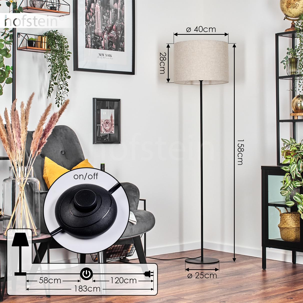 Stehleuchte Bassagoda, Stehlampe aus Metall/Stoff in Schwarz/Beige, Leuchte im skandinavischen Design mit rundem Schirm (Ø 40 cm) u. Fußschalter, Höhe 158 cm, 1 x E27, ohne Leuchtmittel