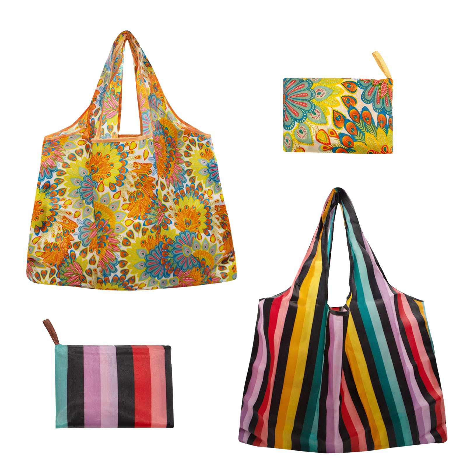 Long Keeper 2 Pcs Foldable Shopping Bag Drawstring Reusable Grocery Bags Large Washable Portable Folding Tote Bag in Pouch for Daily Shopping Travel Household (2, Peacock Flower + Stripes)