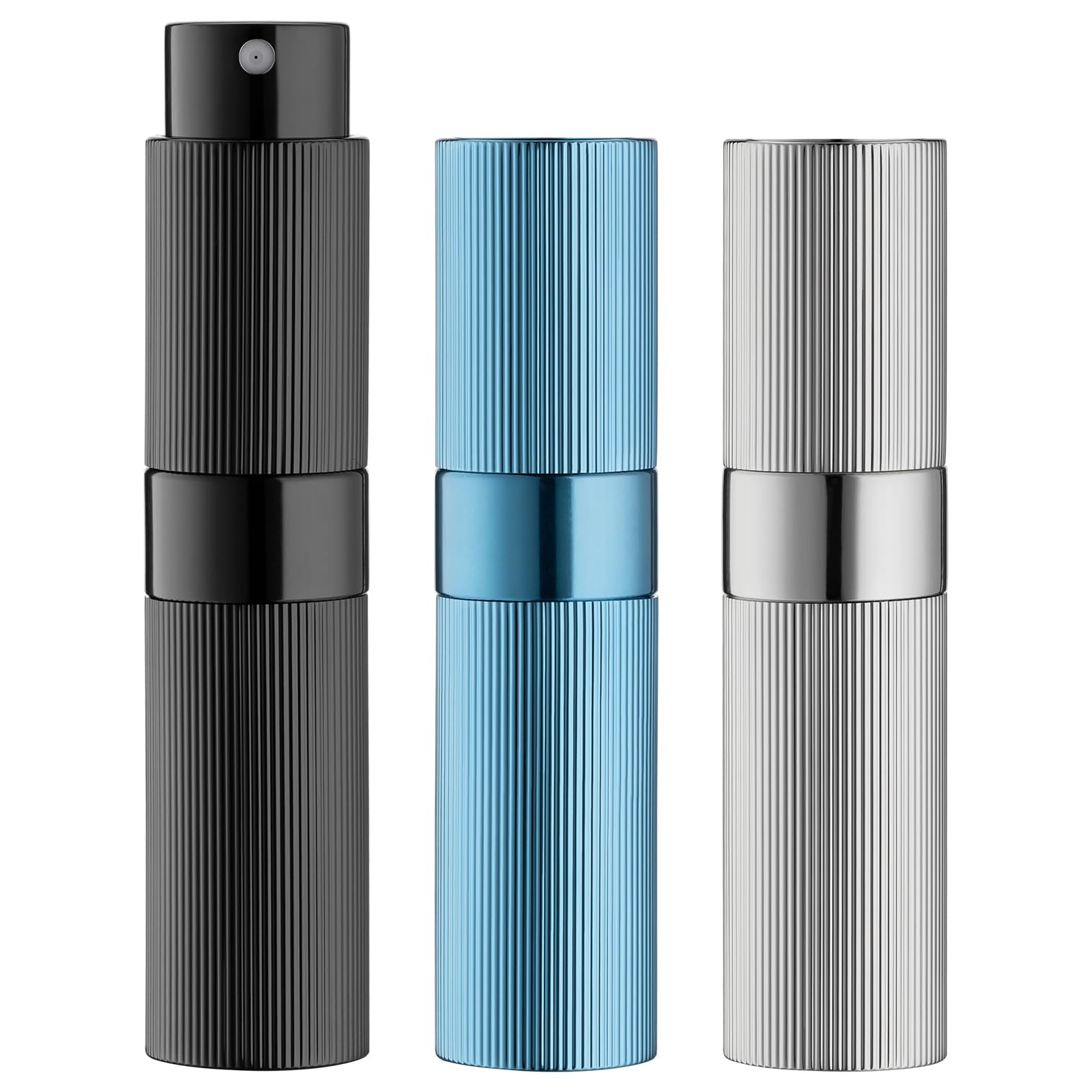Toureal Atomizer do Perfum 8 ml, 3 Sztuki Aluminiowy Podróżny Pojemnik na Perfumy, Mini Butelka z Rozpylaczem do Torebki, Kosmetyczki i Podróży, Czarny Niebieski Srebrny