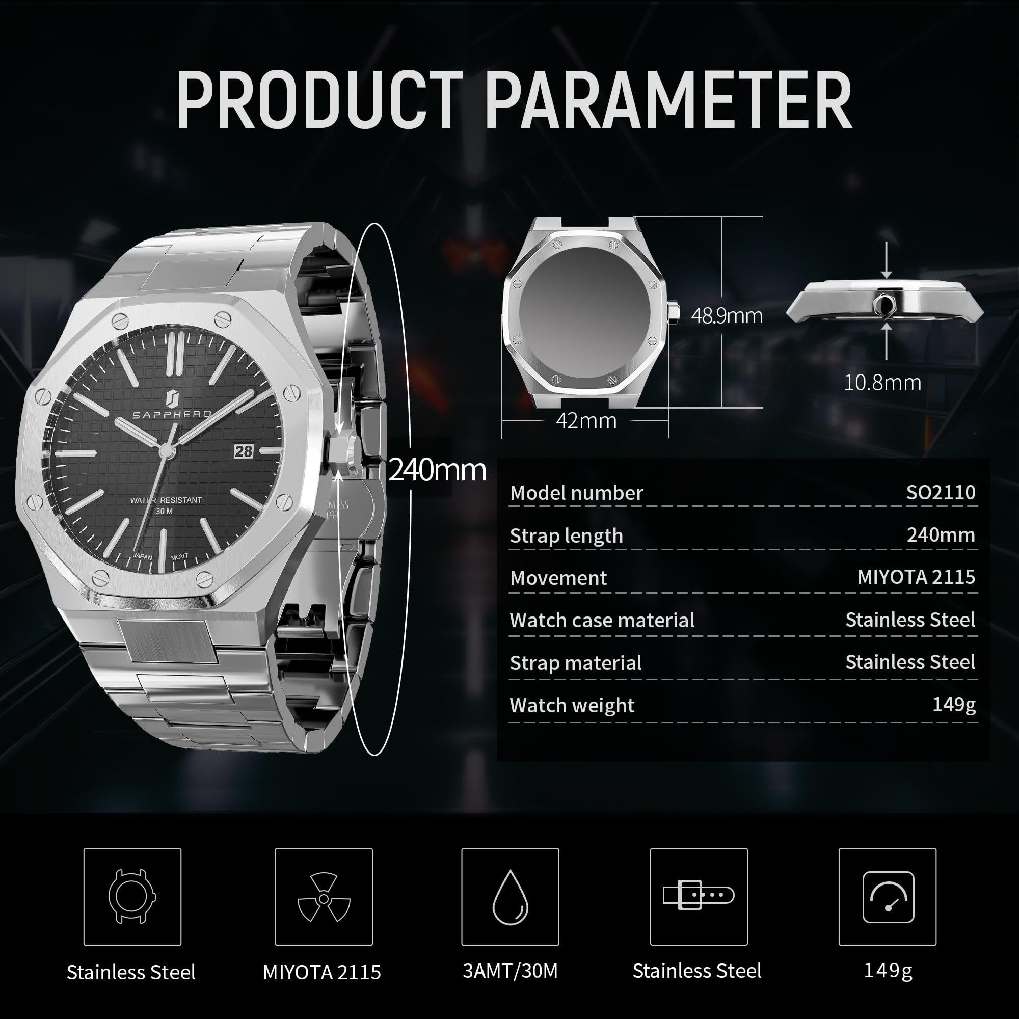 SAPPHERO Orologi da uomo Orologio da uomo in acciaio inossidabile al quarzo impermeabile con datario orologio da polso elegante e professionale regalo per oro