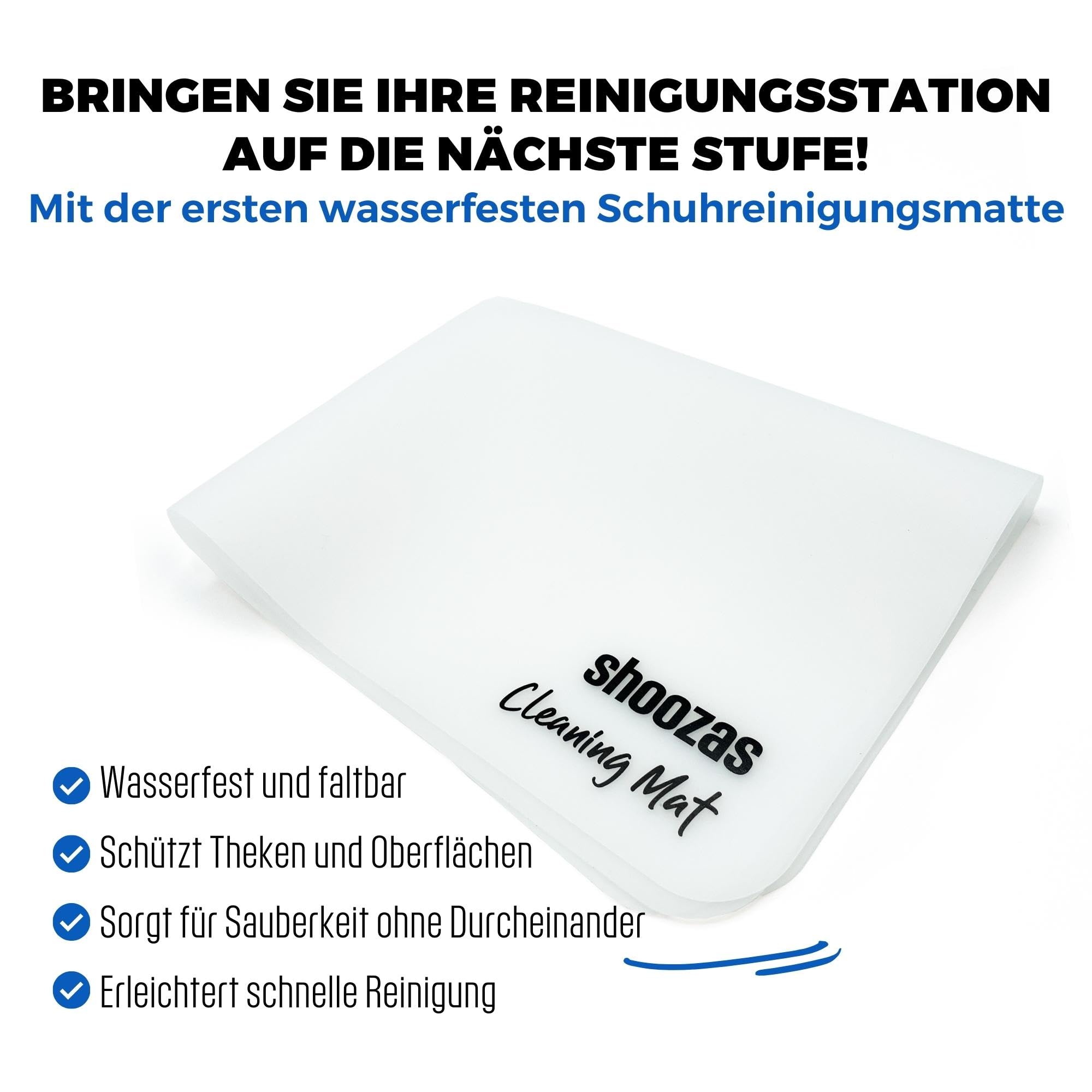 SHOOZAS - Kit zur Schuhreinigung - Schaumreiniger, Wasserdichte Matte, Bürste und Mikrofasertuch - Ideal für Leder, Gummi, Kunststoff und Sohlen - Ohne Wasser, Schnelltrocknend