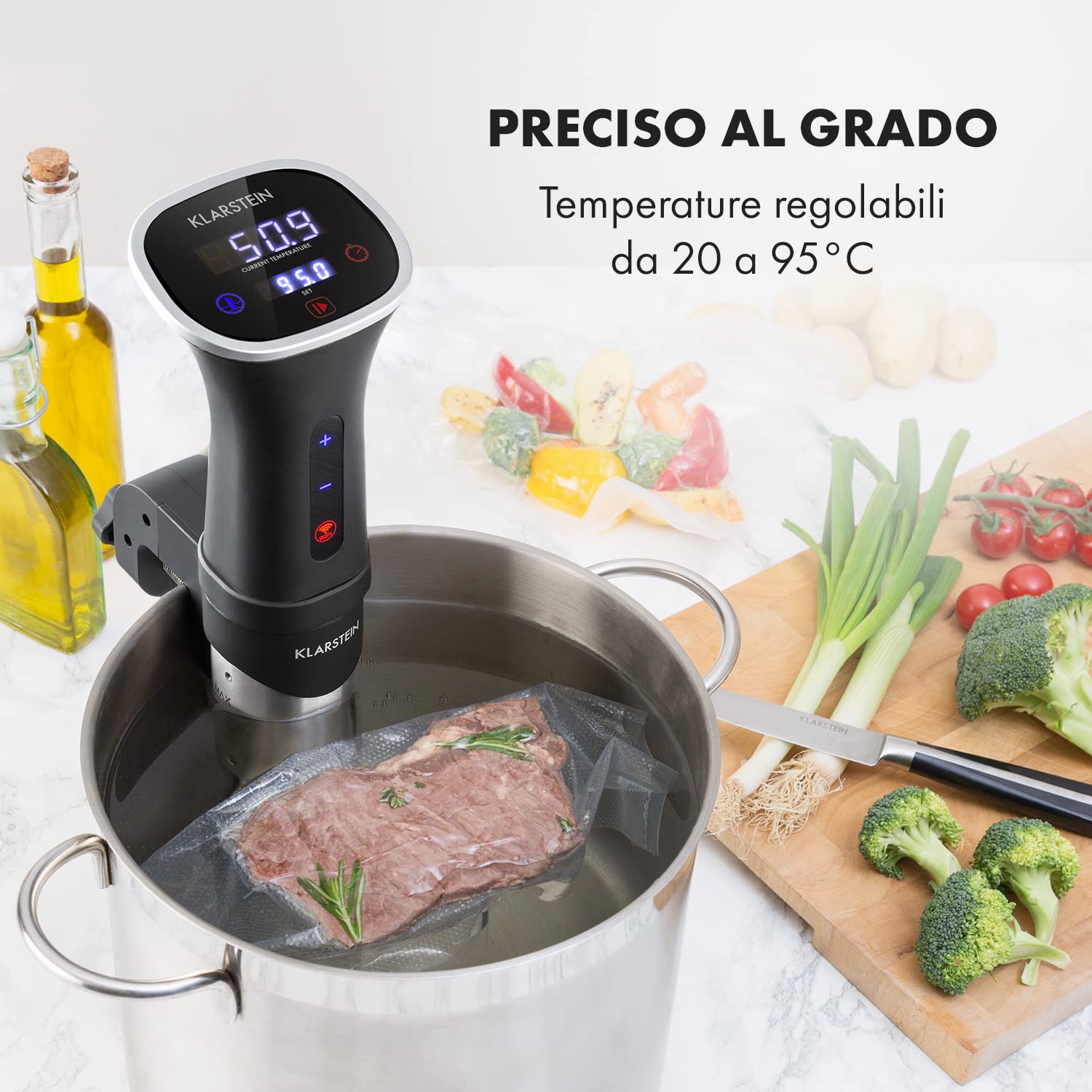 KLARSTEIN Quickstick Smart - Circolatore per Sous Vide, 3D Circulation, Controllo con App, Display Touch, Temperature: 20-95 °C, Timer, 1200 Watt, Volume: 10-15 L, Immersione Minima: 11 cm, Nero