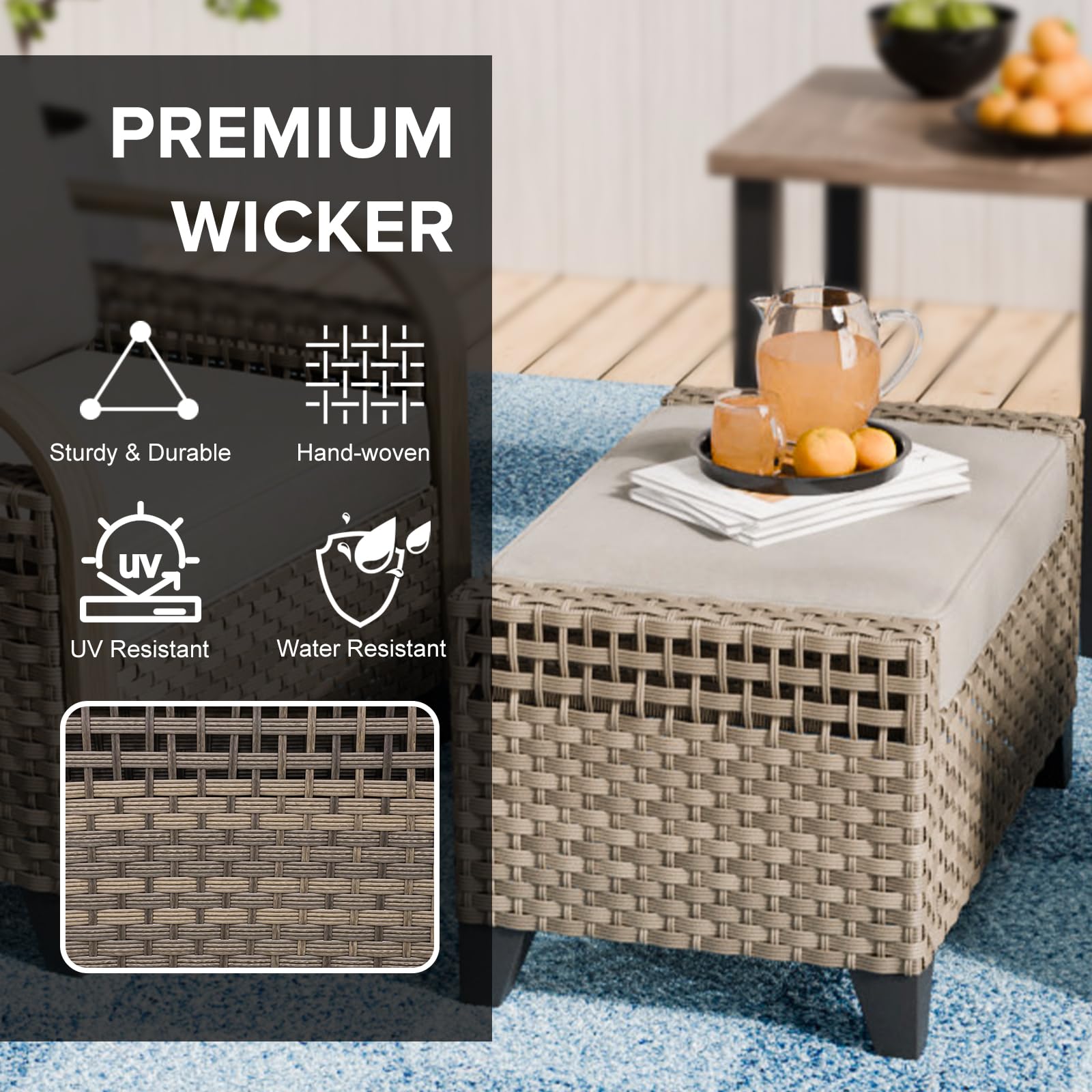 COOS BAY Modern 2 Piece Wicker Outdoor Ottomans, 2pc Patio Ottoman Foot Rest for Couch with Removable Cushions for Patio, Deck, Backyard, Porch and Poolside, Brown/Gray