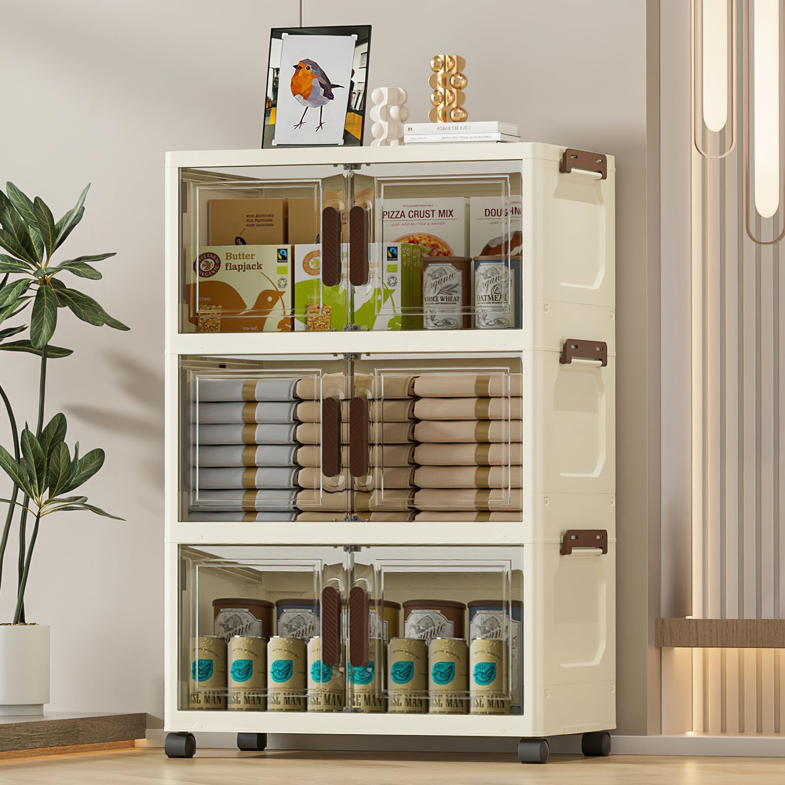 Stackable Storage Bins with Lids 24 Gal Folding,3-Tier 18.9x9.8x30.7in Plastic Foldable Storage Boxes with Doors and Wheels