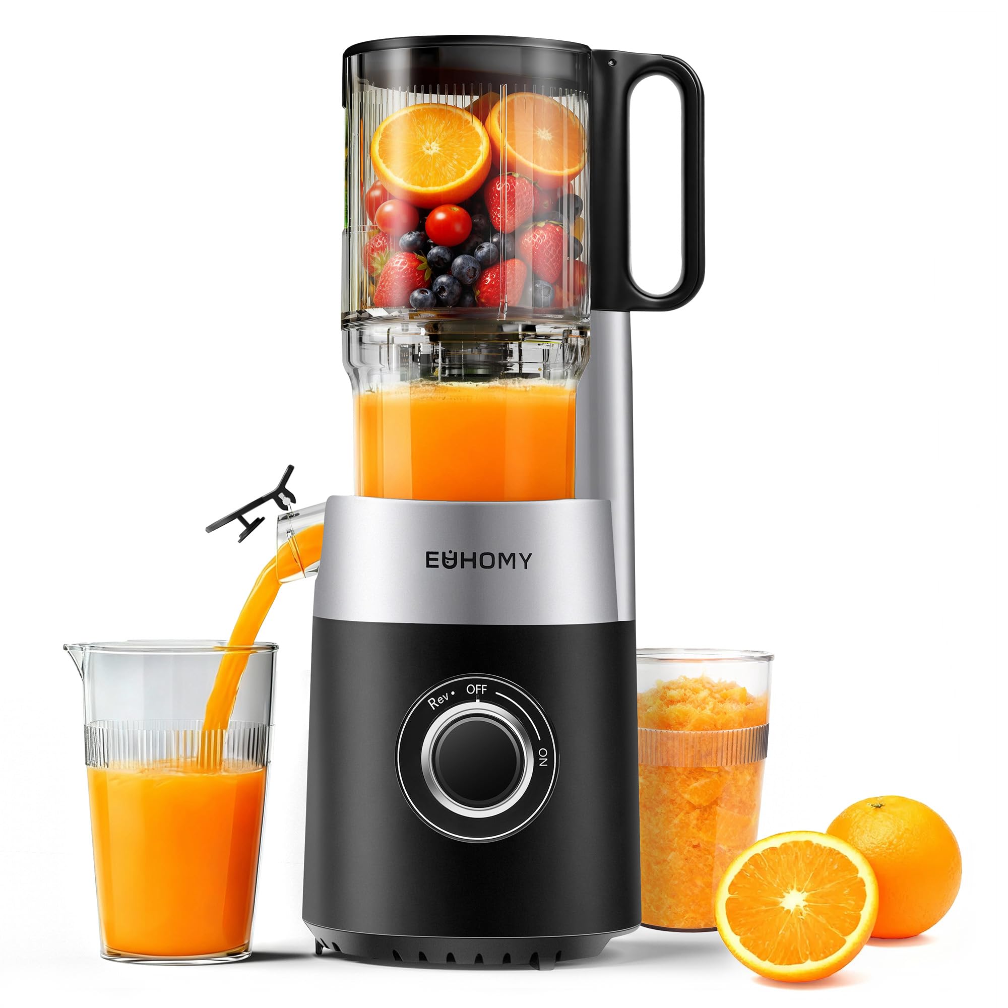 EUHOMY Extracteur de Jus à Froid, Presse-Agrumes Électrique 220W avec Double Vis en 7 Étapes, Rendement 99%, Triple Filtre, Large Goulotte 135mm, Réservoir 1,8L, Silencieux 55 tr/min, Nettoyage Facile
