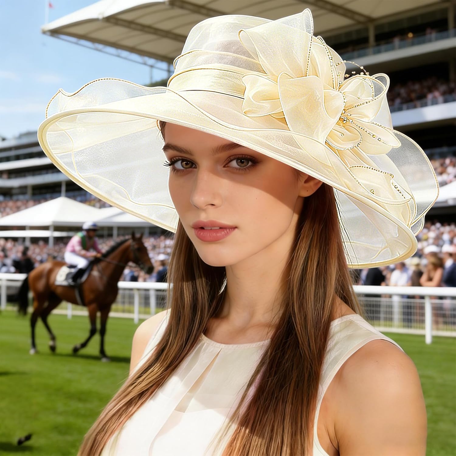DRESHOW Women Organza Hat Church Cap Hats Clearance Kentucky Derby Cocktail Tea Party Wedding Flower Hat with Wide Brim