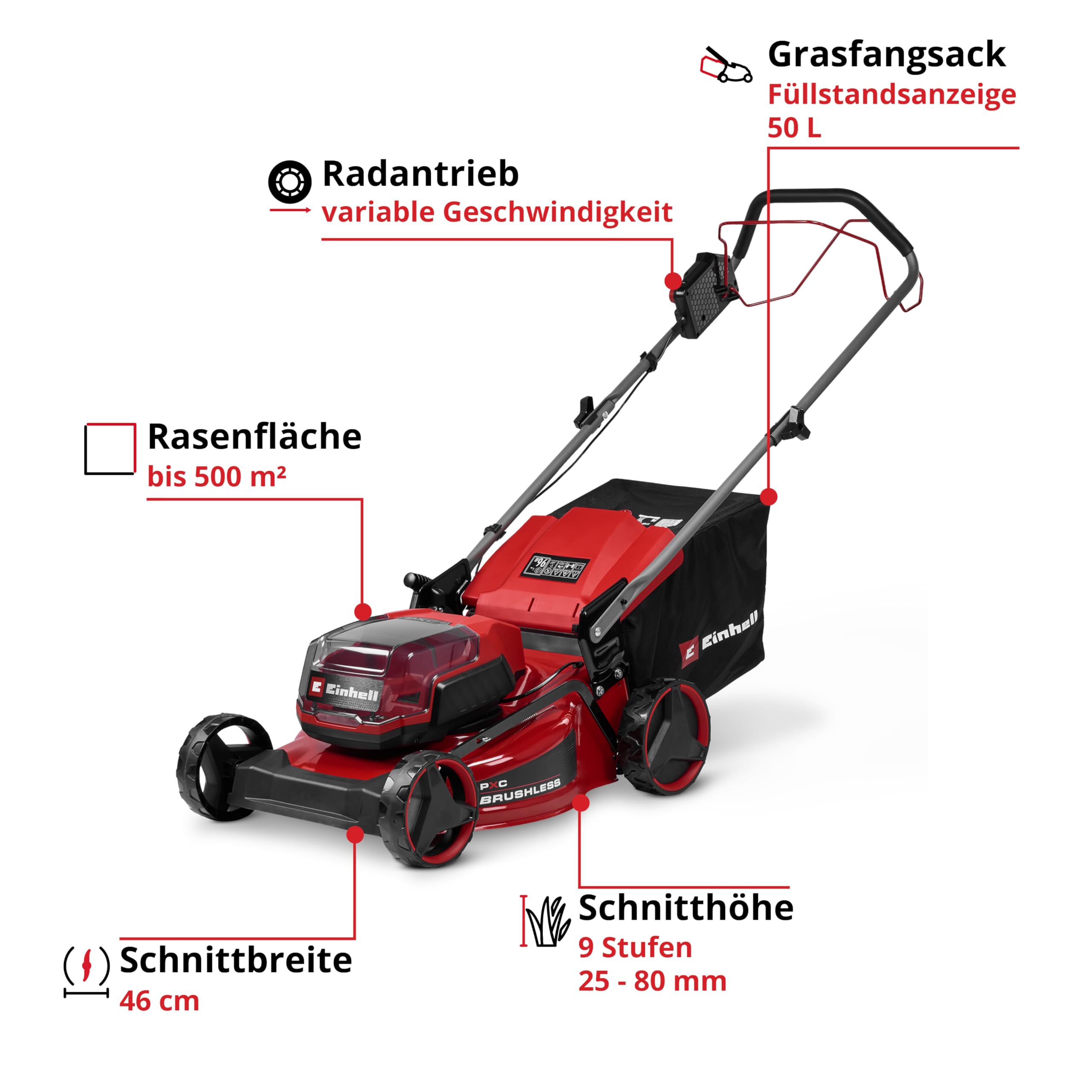 Einhell Akku-Rasenmäher GC-cm 36/46 S Li BL Kit | PXC | 36 V | 46 cm Schnittbreite | bis 500 m² | Brushless | Radantrieb | 50-L-Fangkorb | 2x 4,0 Ah & Twincharger