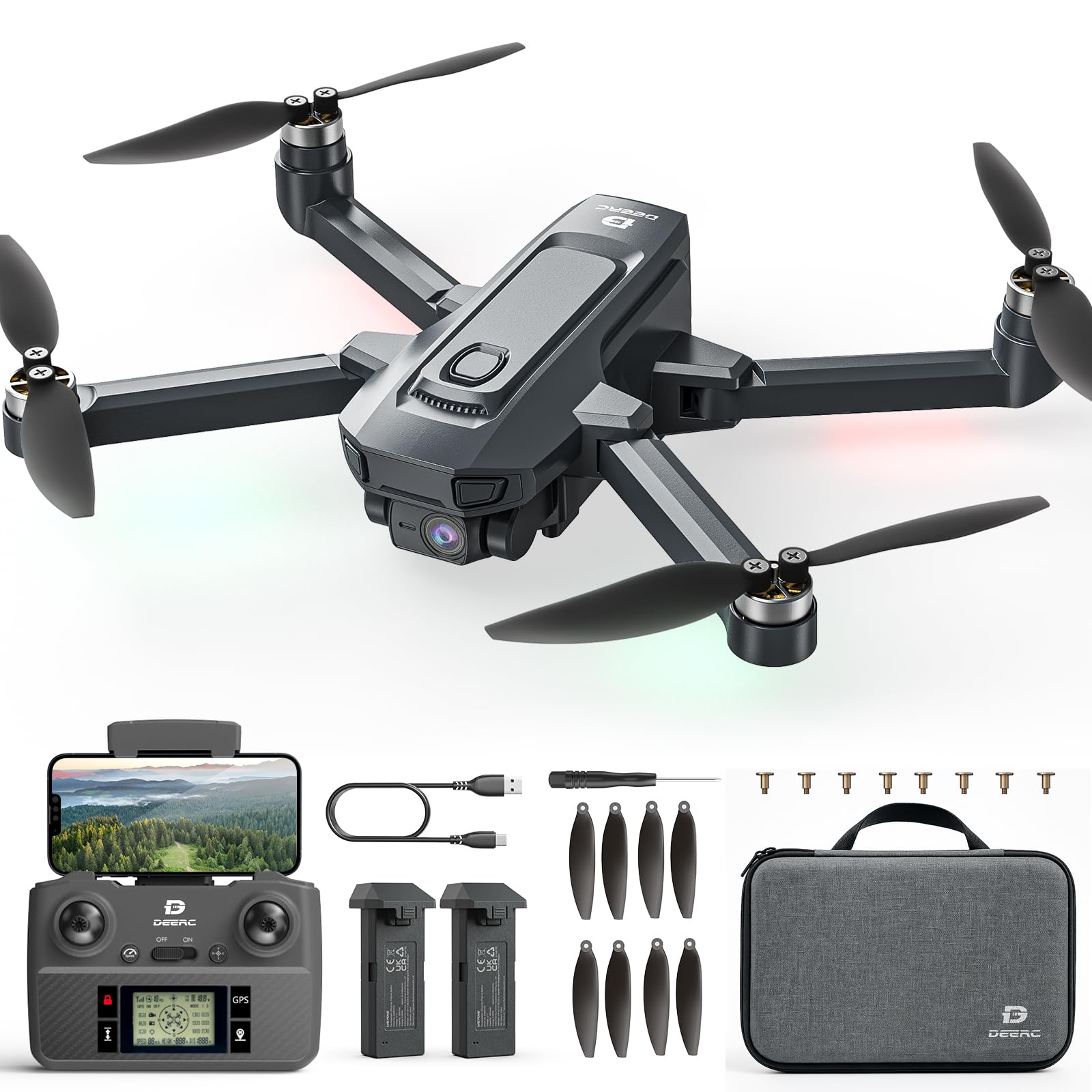 DEERC D35 Drone con Cámara 4K para Adultos, Cuadricóptero RC Plegable con Retorno Automático por GPS, Motor sin Escobillas, Sígueme, Vuelo Circular, Mantenimiento de Altitud, 40 Minutos de Vuelo