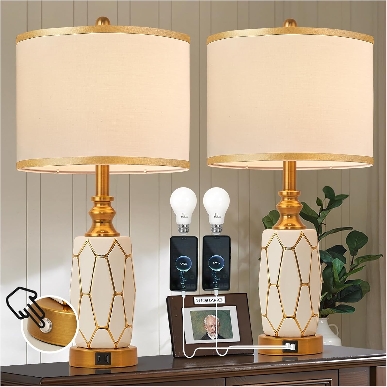 Set of 2 Touch Control Table Lamps for Bedroom Livingroom,Modern Ceramic Table Lamp with USB Ports,Bedside Nightstand Lamp with Fabric Drum Lampshade,Blubs Included (White)