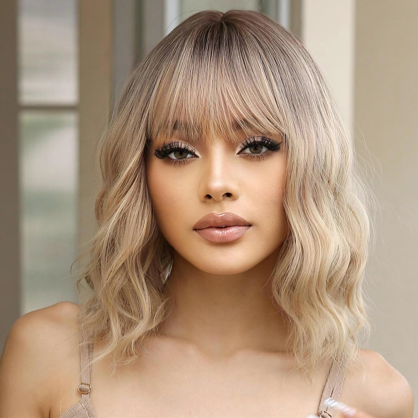 PORSMEER 14inch Blonde with Dark root Wig with Bangs - Image 2