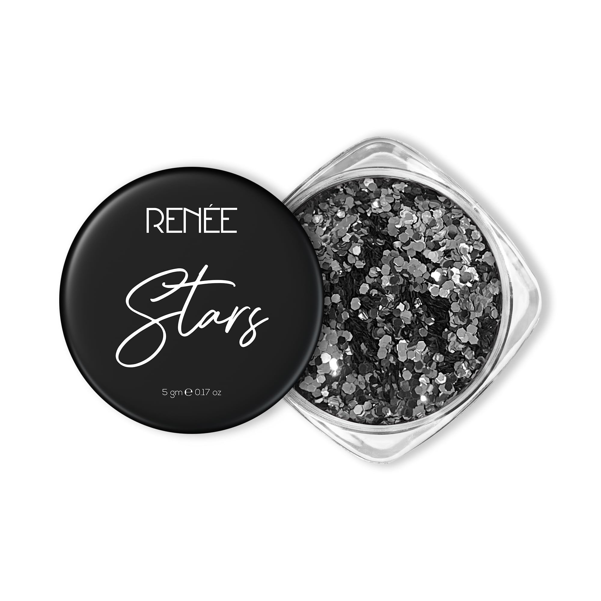 RENEE Stars Face & Body Glitter - Silver 5 Gm- Safe, Skin Friendly, Cruelty Free, Light-Reflecting Sparkle, Long Lasting, Lightweight Makeup Look for Parties, Music Festival, Easy to Apply & Remove