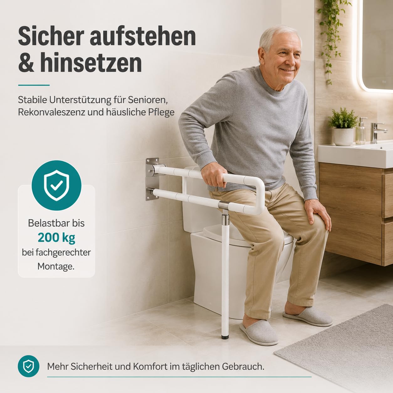Herrselsam Asidero de Soporte de Pared Barra Abatible de 60 cm para Ancianos, Antideslizante, para Inodoro, Montaje en Pared, Color Blanco, Carga hasta 200 kg (2 Unidades)