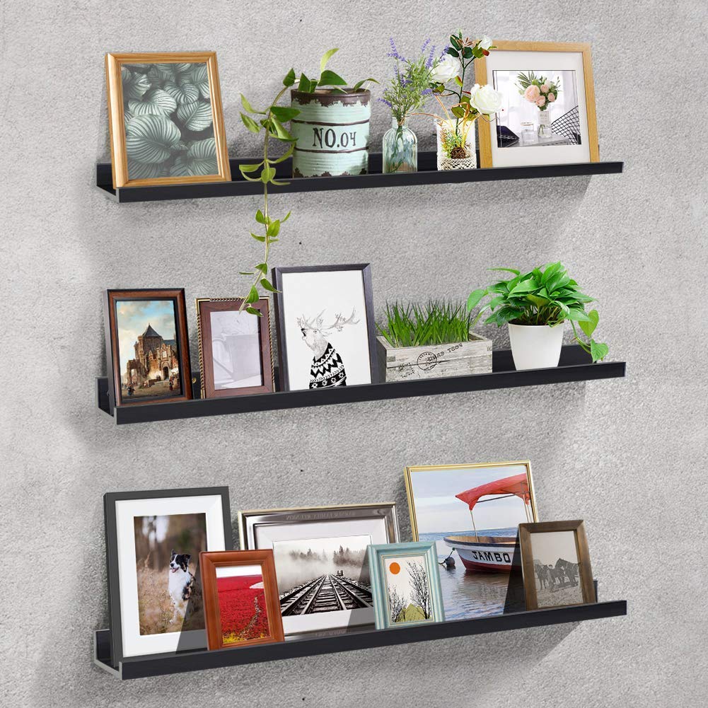 Lavezee 47 Inch + 36 Inch Black Floating Wall Ledge Shelves Set of 3